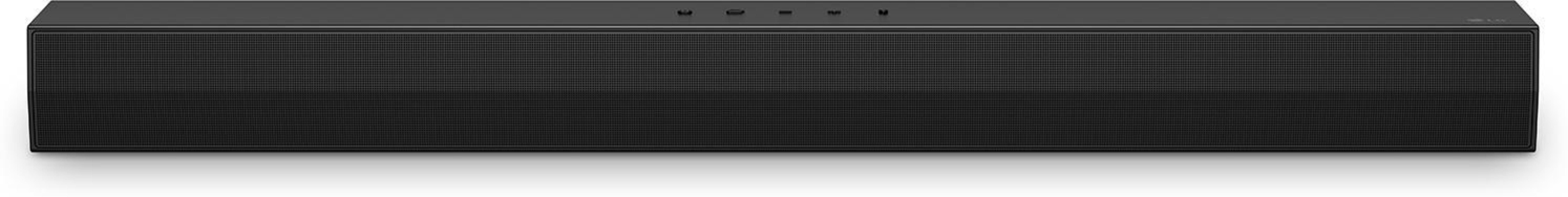 Długi, czarny soundbar z siatkowym przodem i białym tłem.