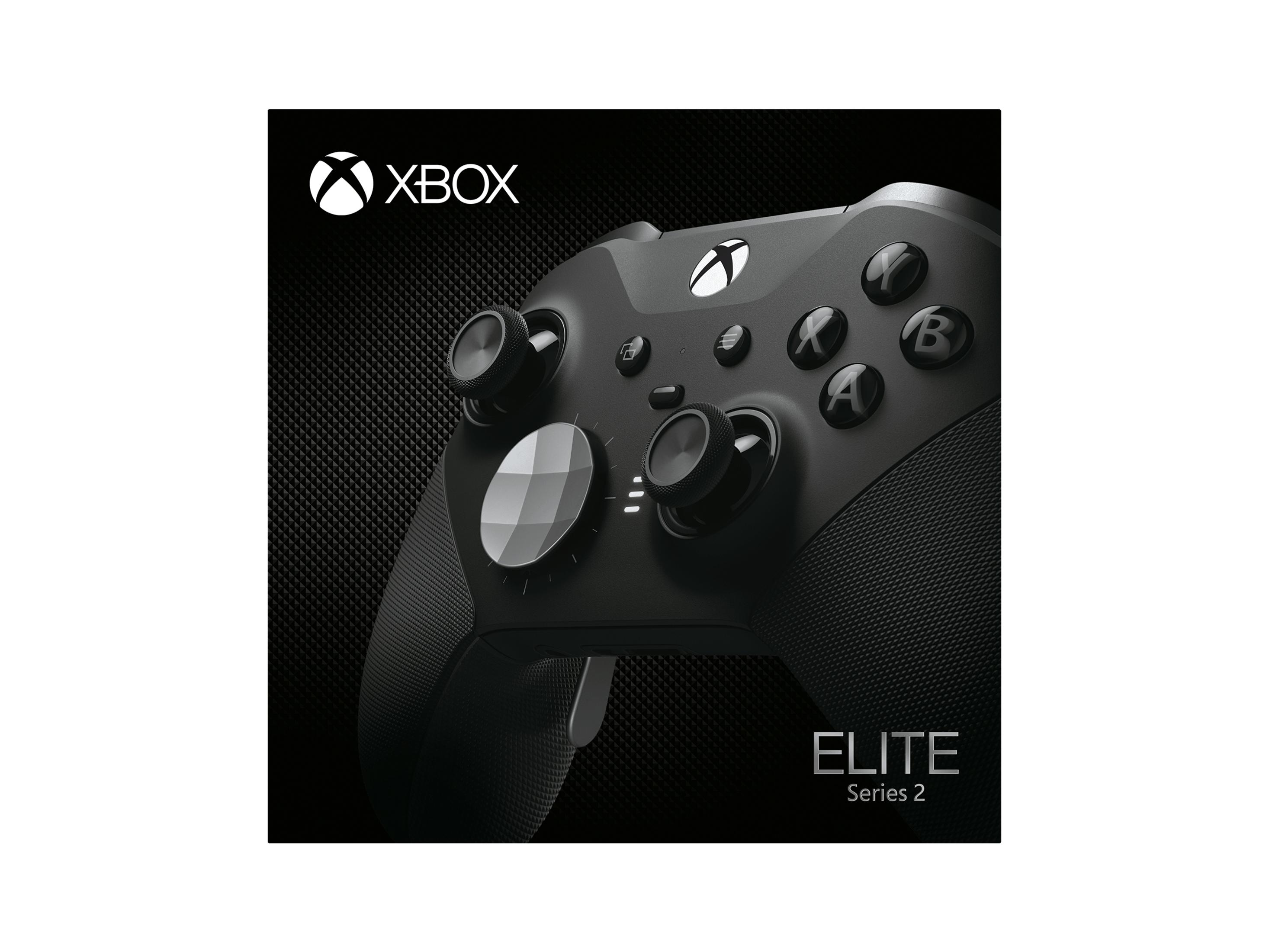 Czarny kontroler Xbox Elite Series 2. Logo Xbox na górze, czarne tło z tekstem.