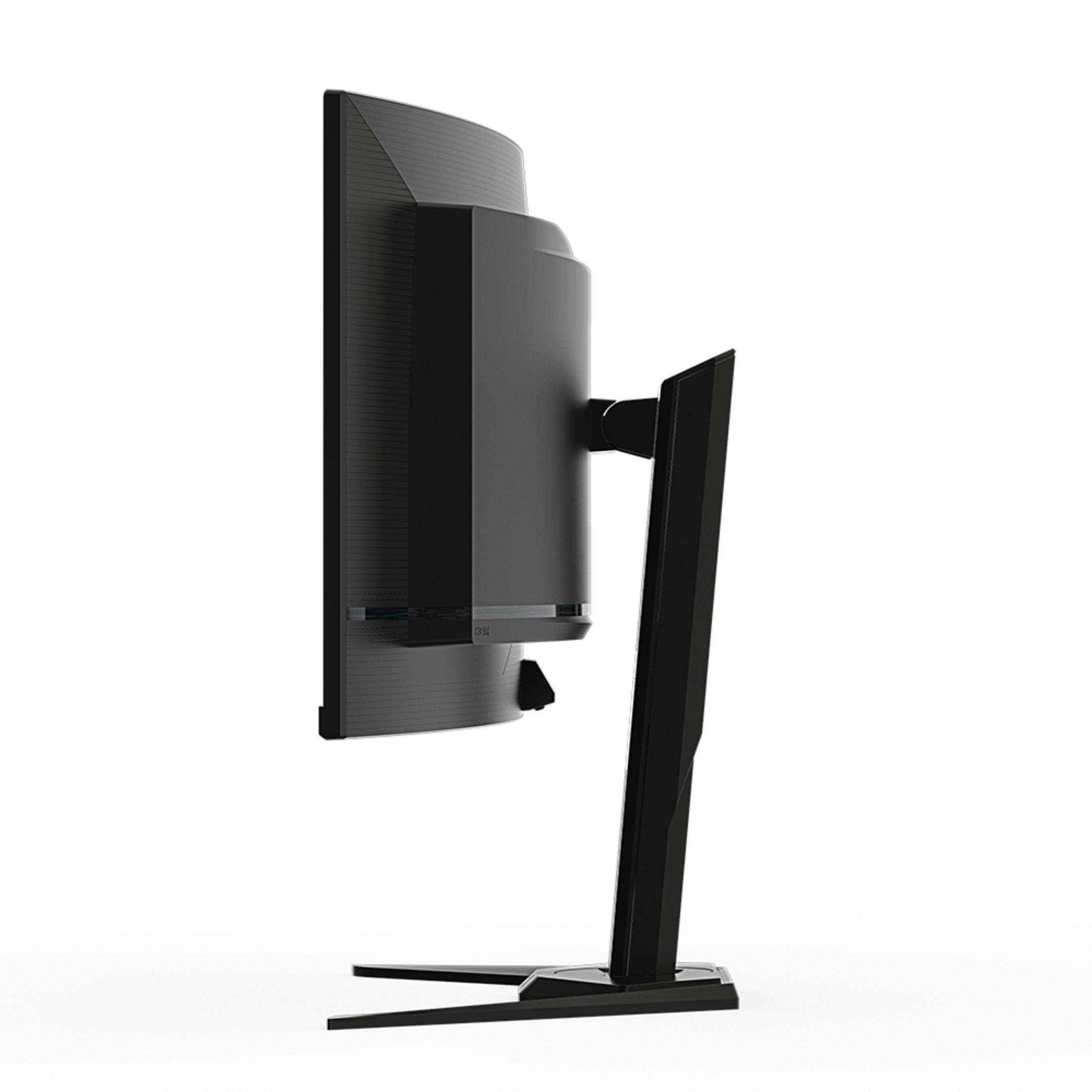 Widok z boku czarnego monitora komputerowego na stojaku, odizolowanego na białym tle.