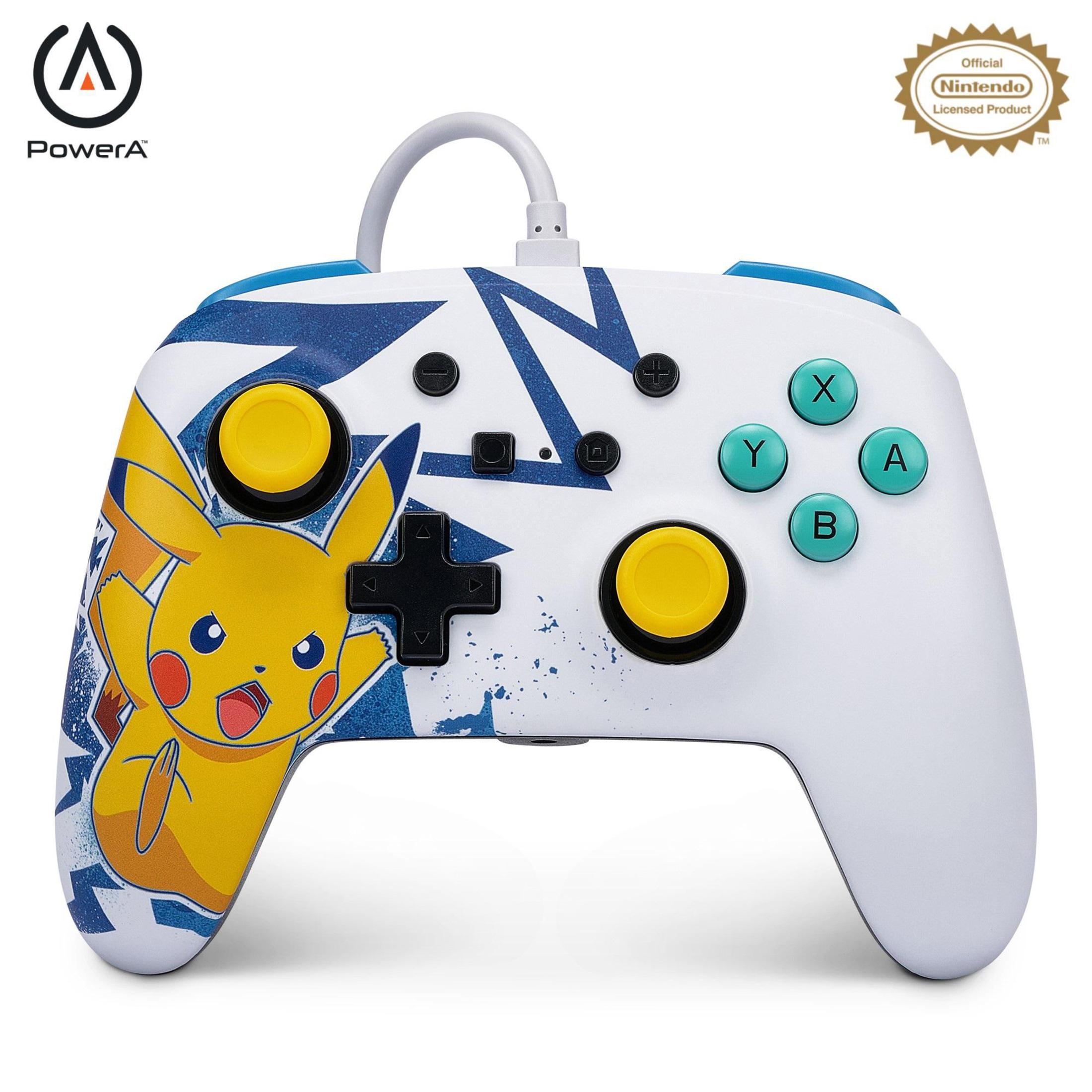 Biały kontroler Nintendo Switch z grafiką Pikachu i przyciskami.