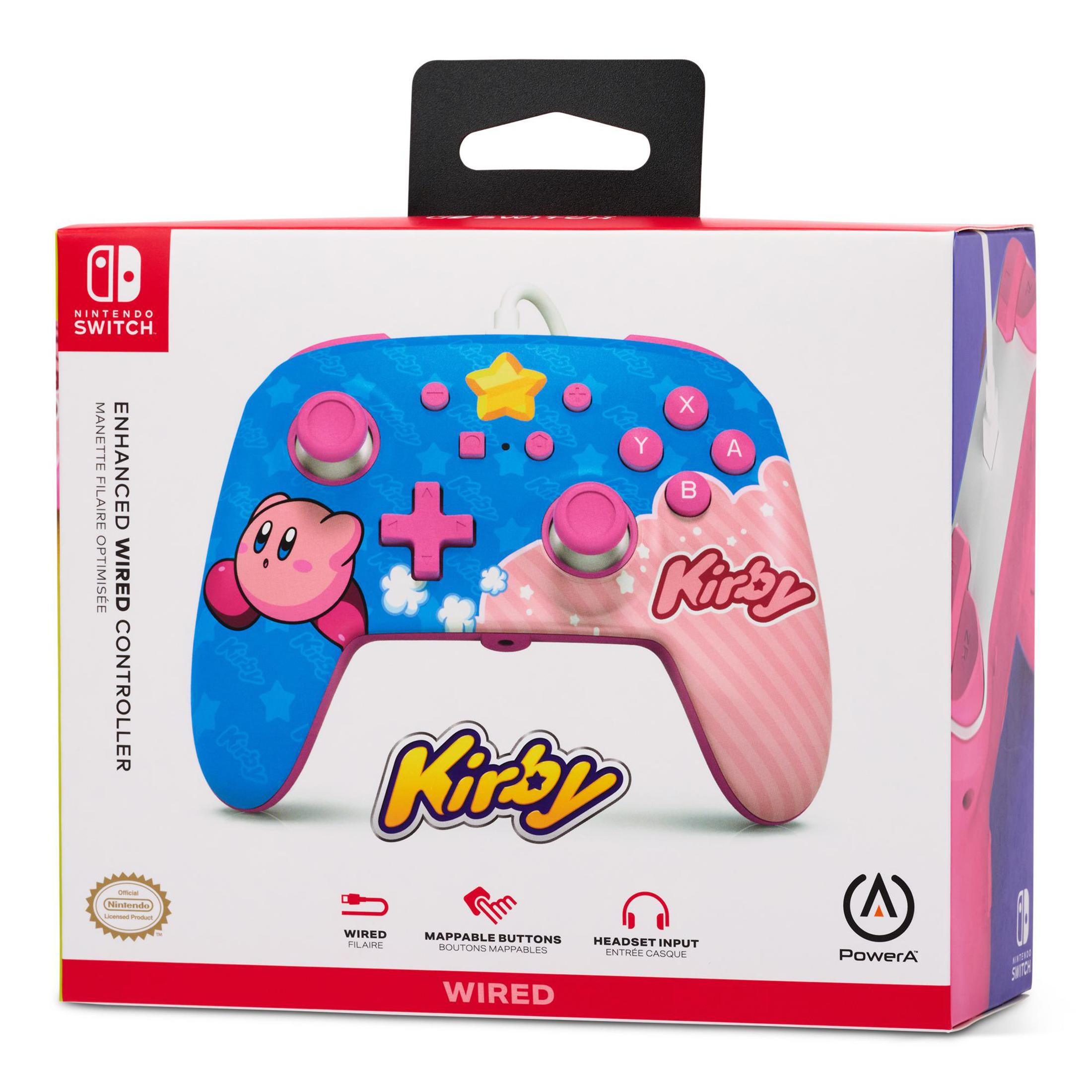 Kontroler Nintendo Switch z motywem Kirby'ego w opakowaniu. Pudełko jest kolorowe.