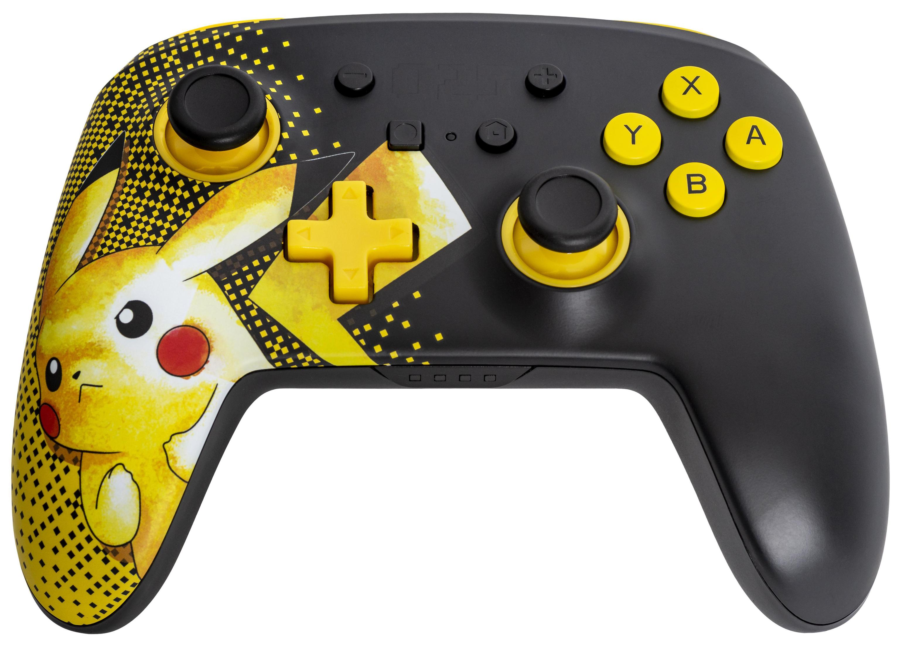 Pikachu Nintendo Switch Controller, schwarz und gelb, auf weißem Grund.