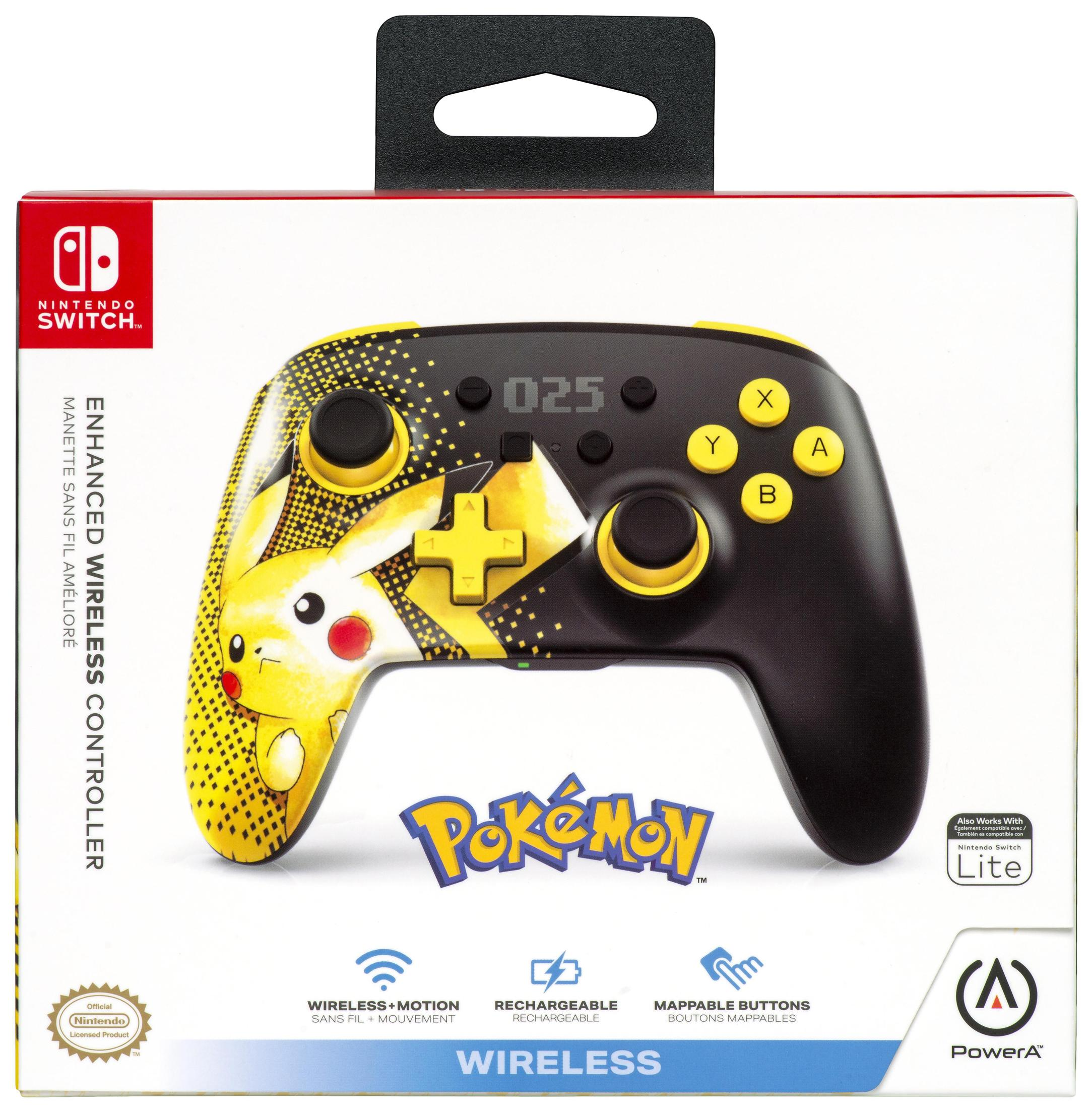 Verpackter Nintendo Switch Controller, schwarz und gelb mit Pikachu-Design. Knöpfe sind gelb und schwarz.