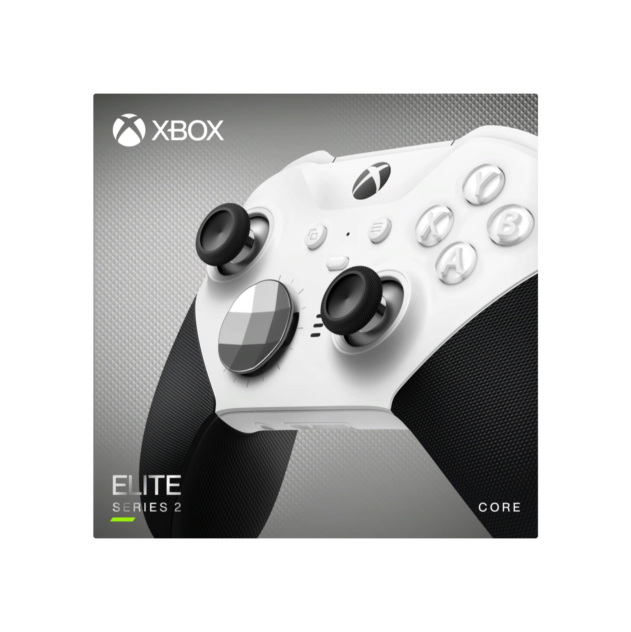 Biało-czarny kontroler Xbox Elite Series 2 na teksturowanej powierzchni, widok z góry.