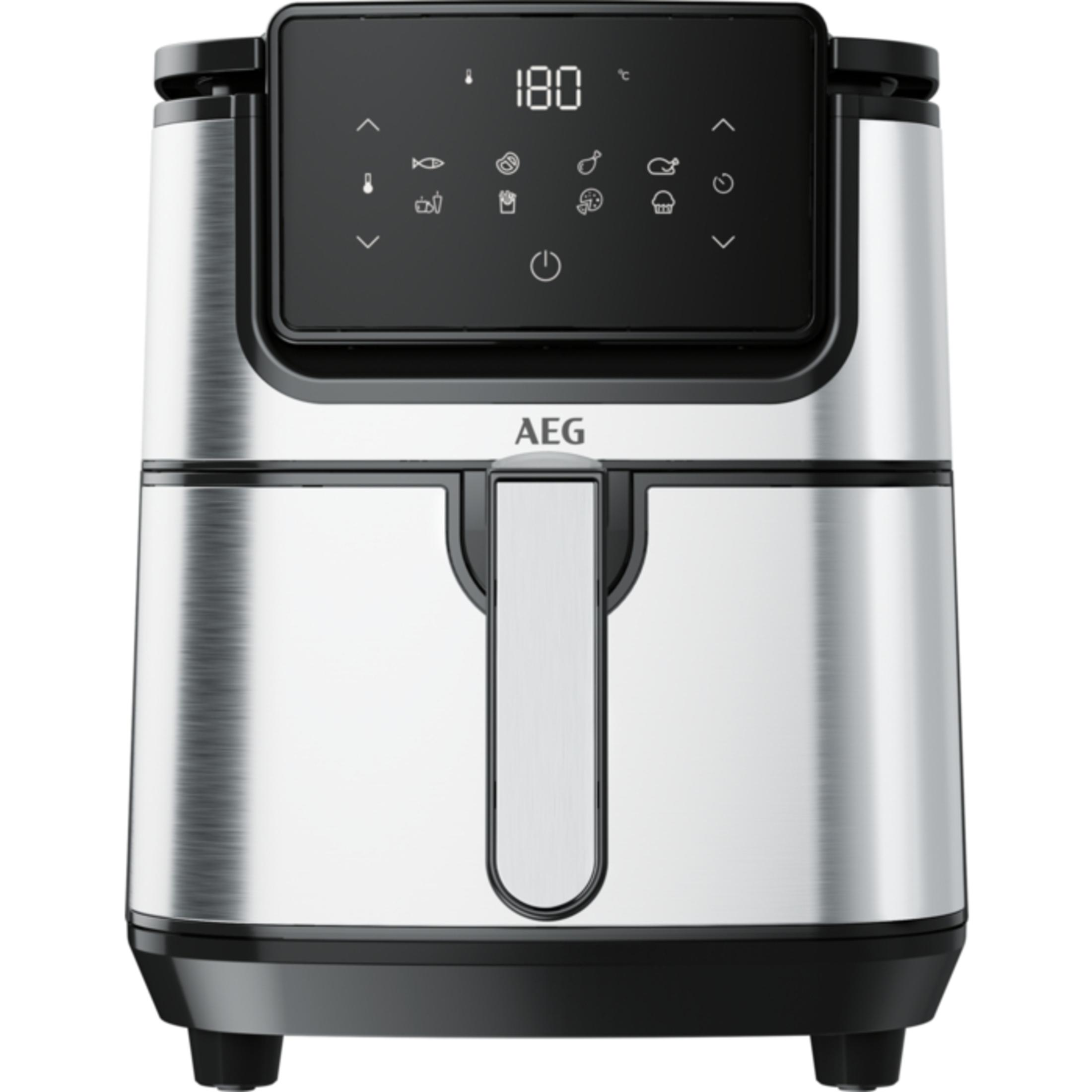 Una friggitrice ad aria AEG argento e nera con display digitale che mostra 180 gradi Celsius.