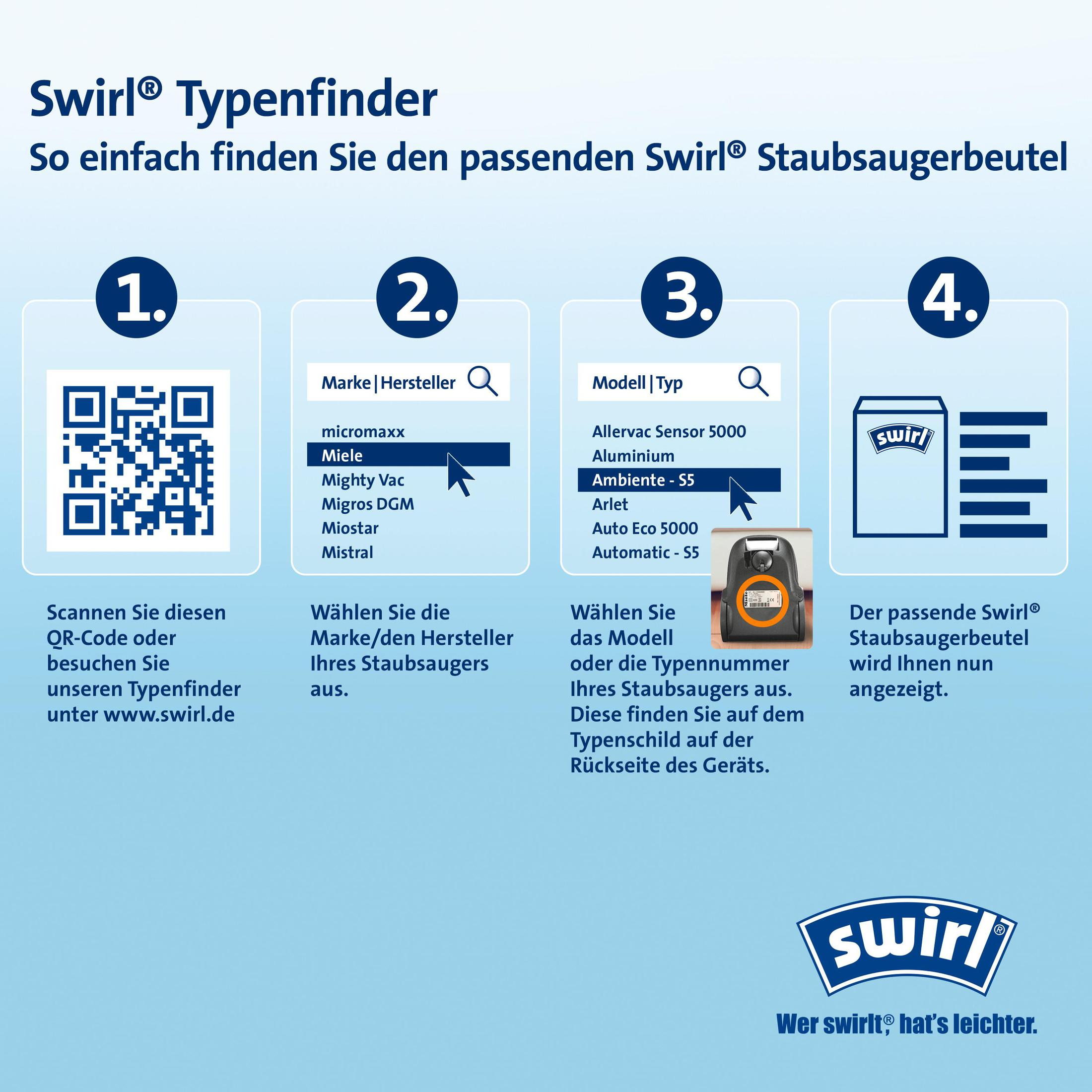 Vier Schritte, um den passenden Swirl Staubsaugerbeutel zu finden.