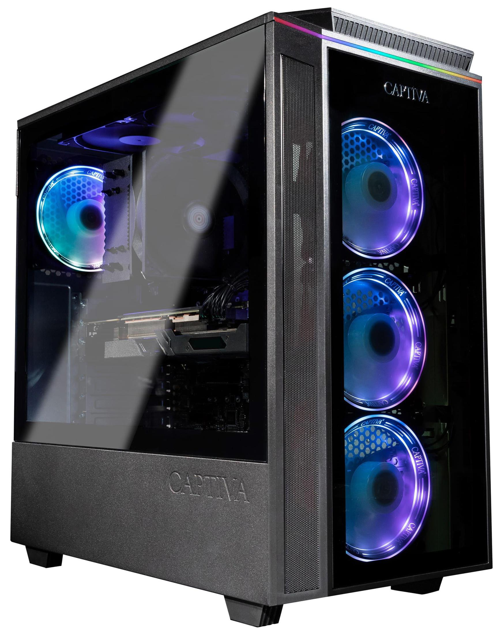 Schwarzes Captiva PC-Gehäuse mit Glasseite, farbige Lüfter.
