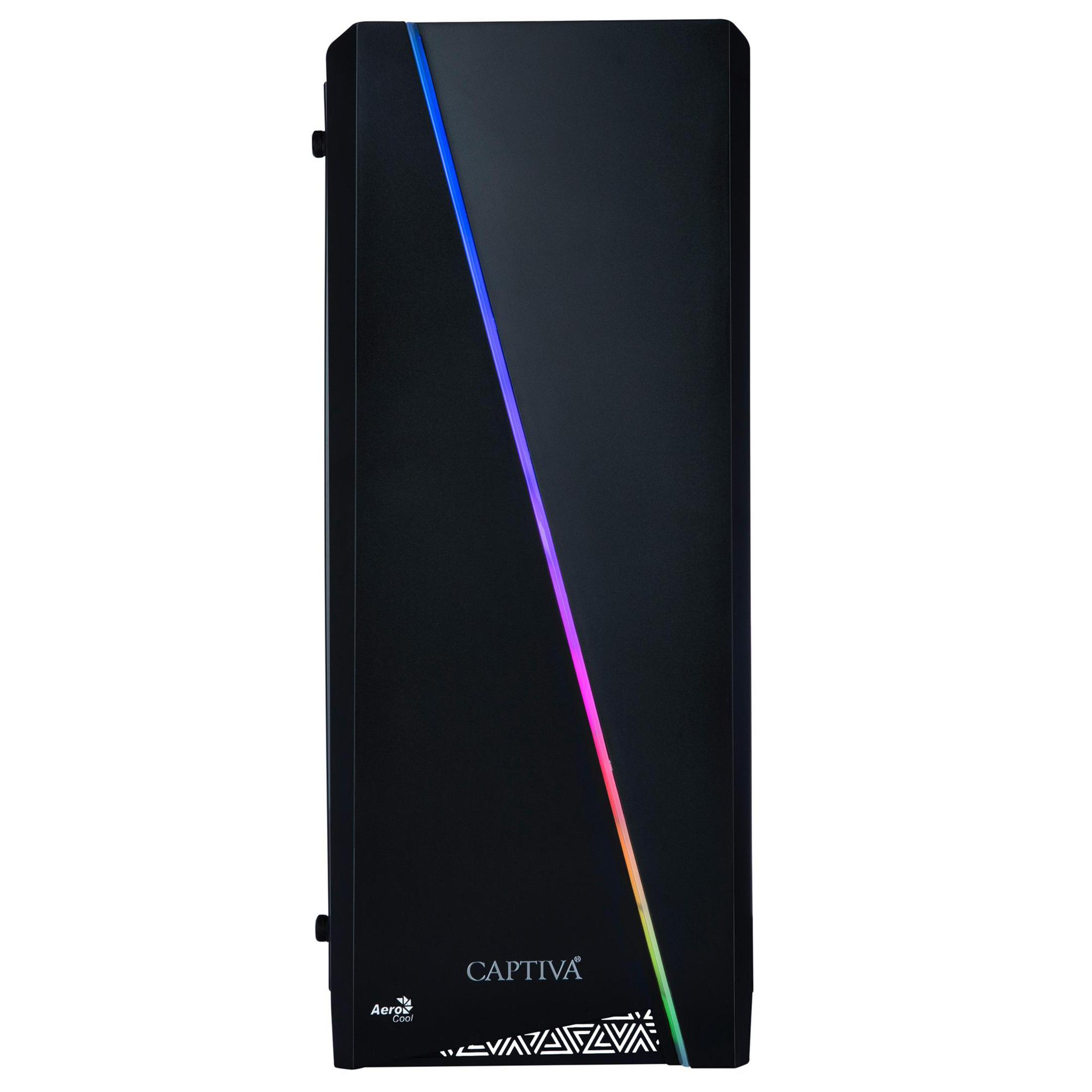 Schwarzes Computergehäuse mit diagonalem Regenbogenlichtstreifen und dem Markennamen 'Captiva'.