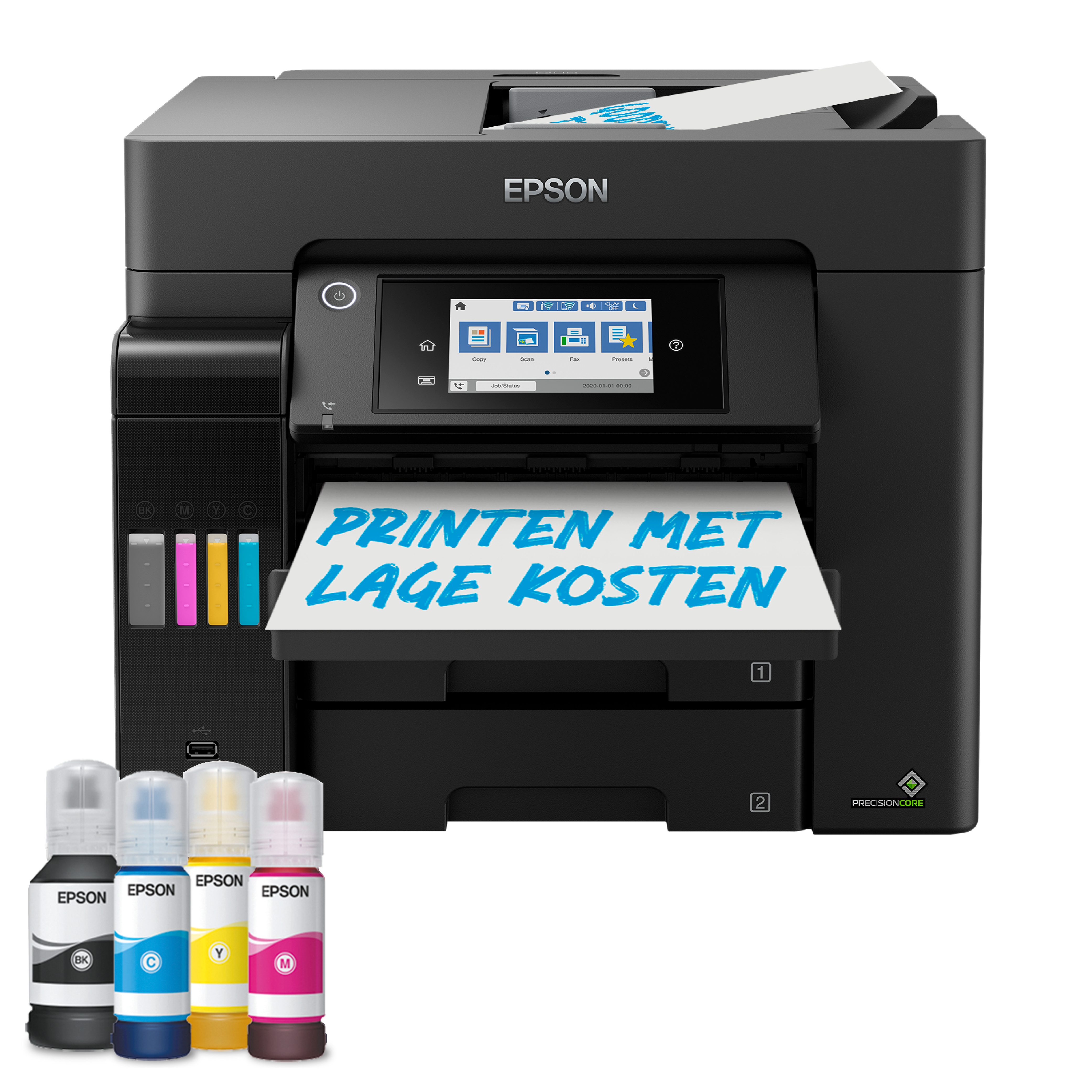 Una impresora Epson con botellas de tinta delante, imprimiendo un papel con texto en holandés.