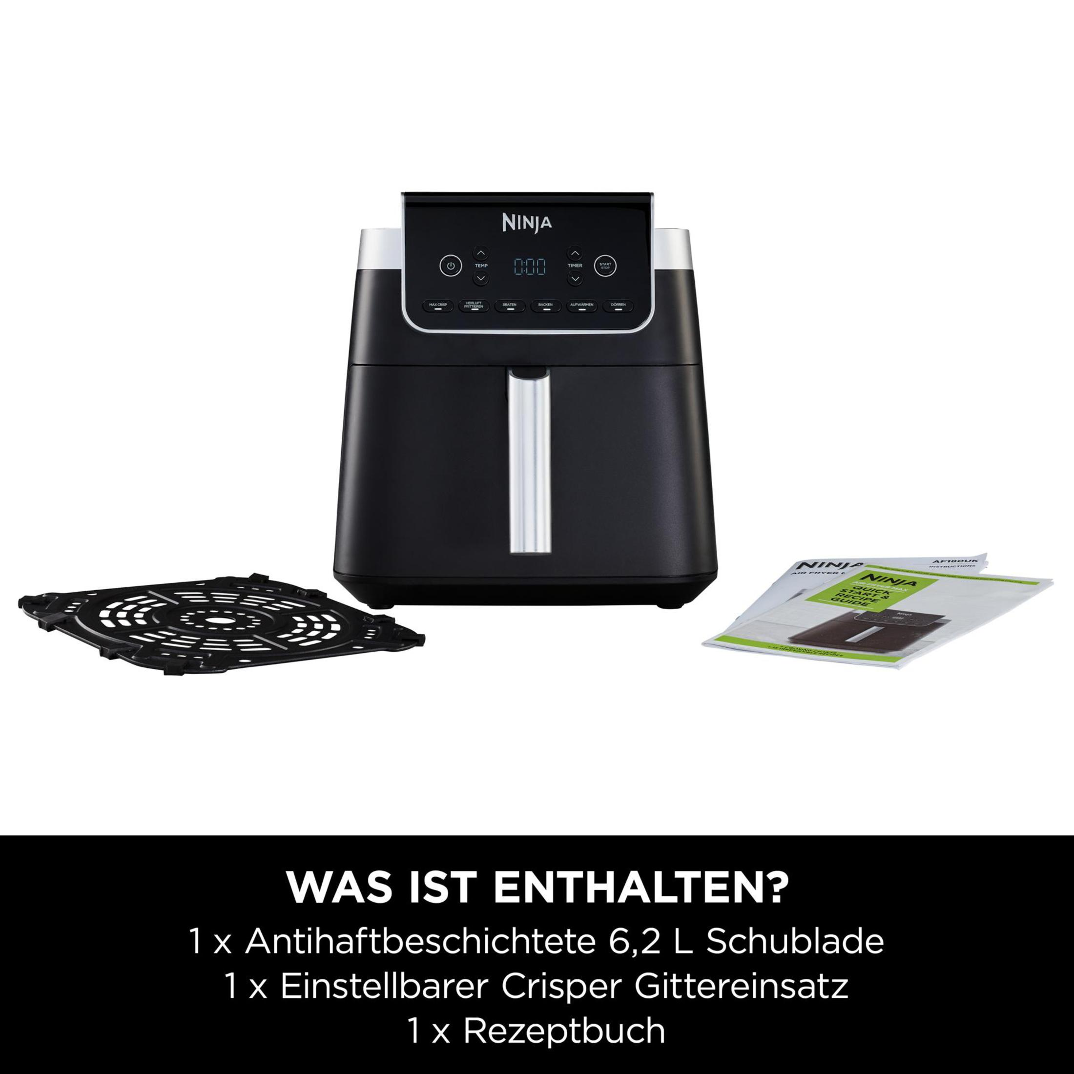 Friggitrice ad aria Ninja nera con accessori e testo: 'WAS IST ENTHALTEN?'