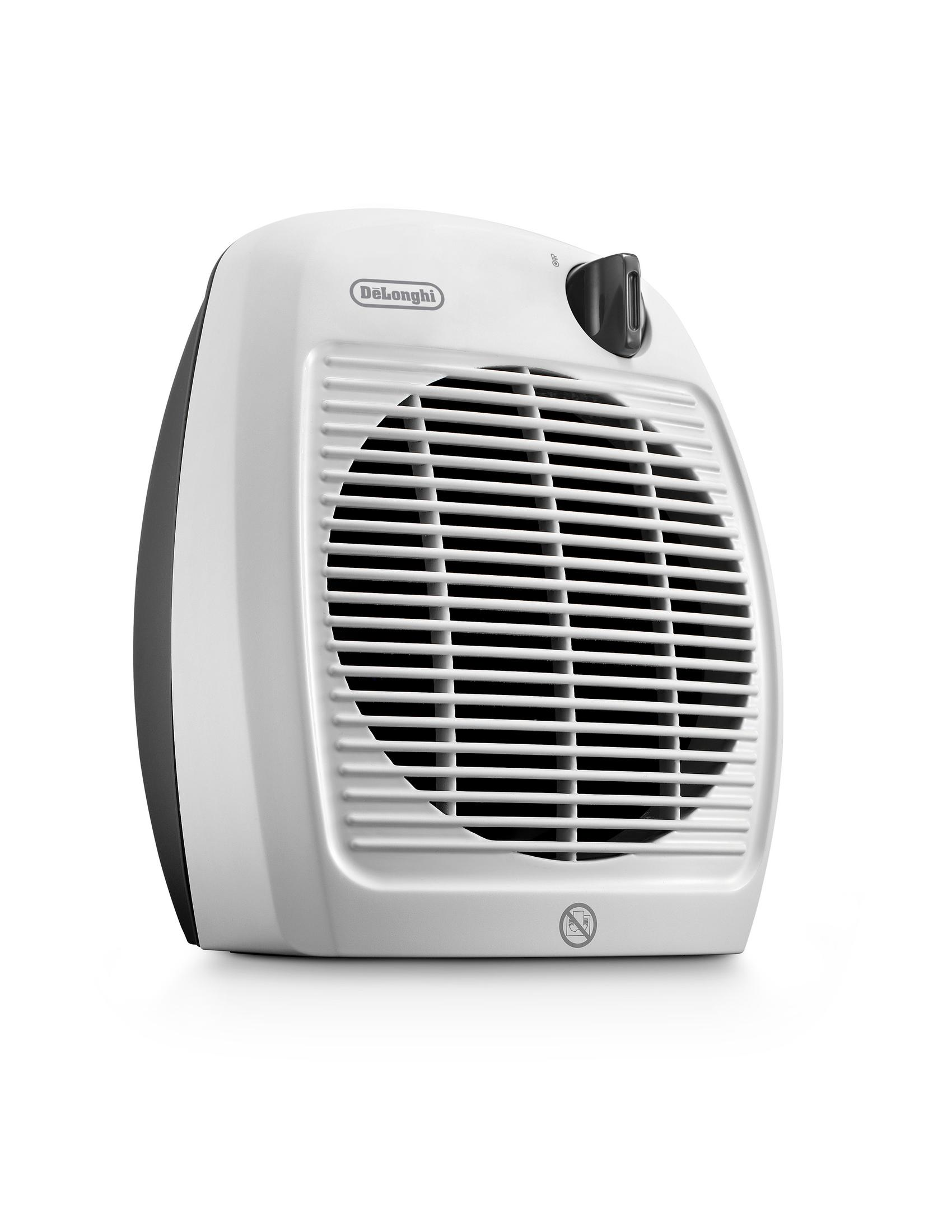 Calentador eléctrico blanco y negro con rejilla y el texto Delonghi.