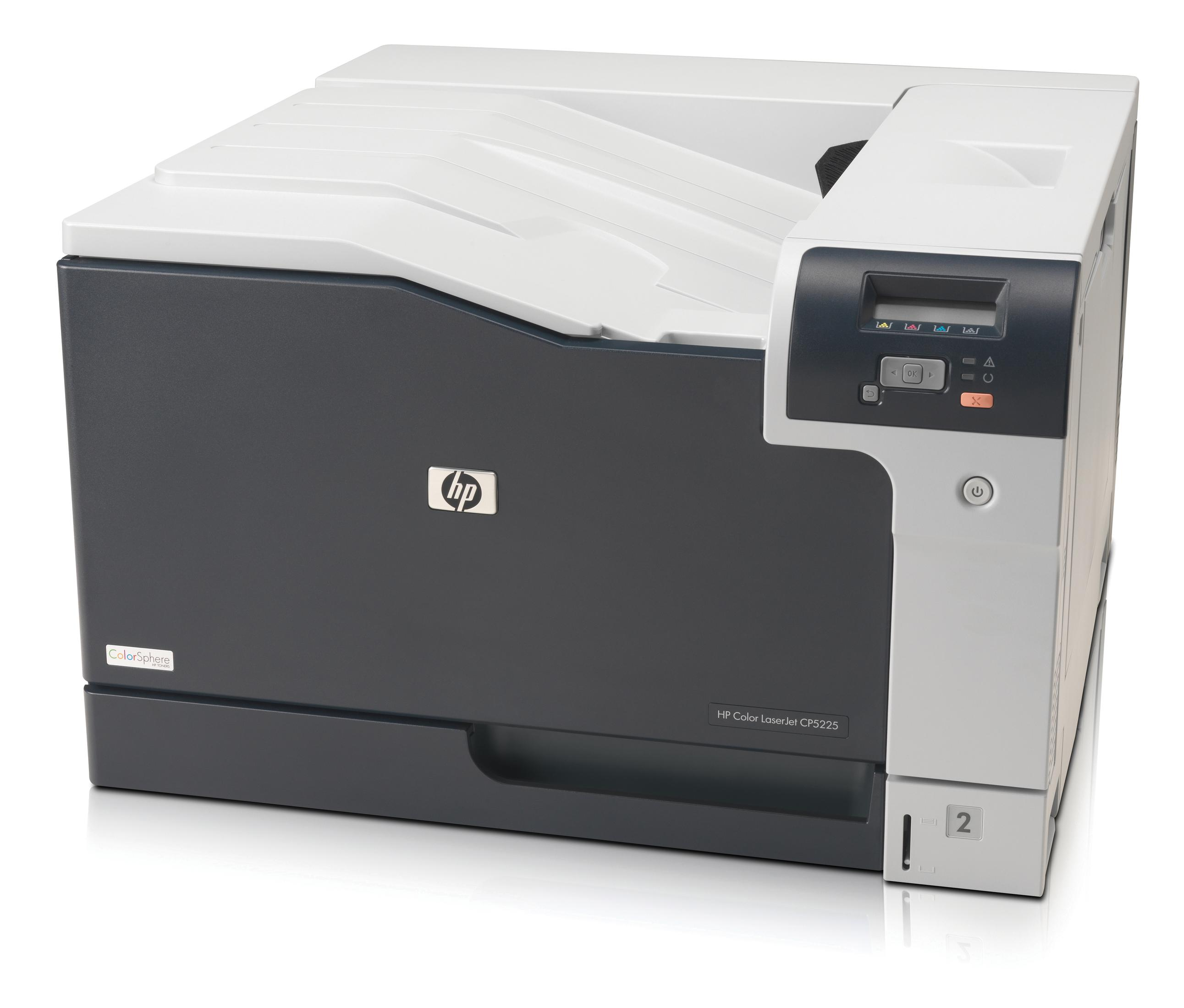 Impresora HP Color LaserJet CP225, principalmente blanca y gris oscuro, sobre superficie blanca.