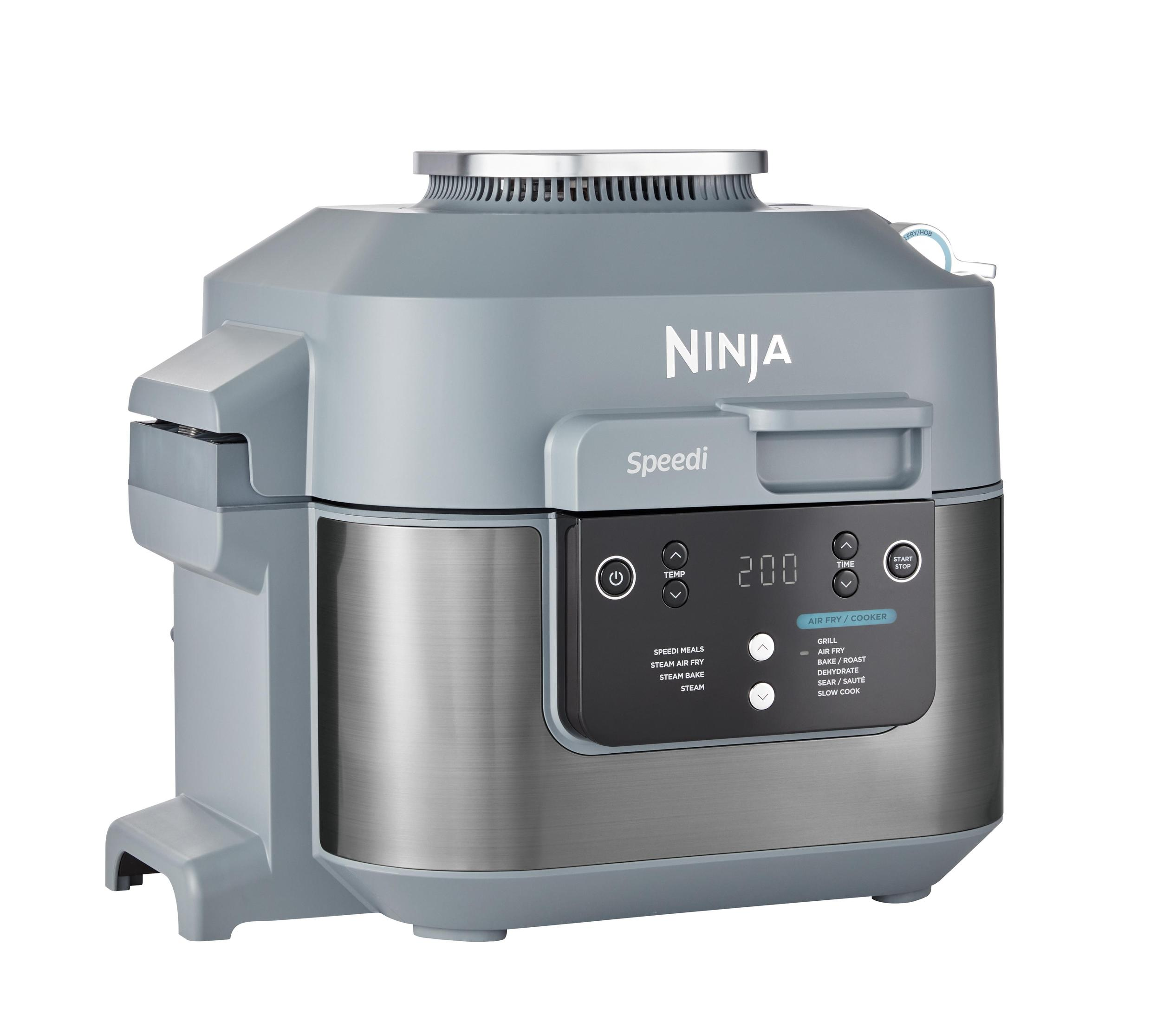 Grey Ninja Speedi, an air fryer/cooker. Buttons and display on the front. White background.