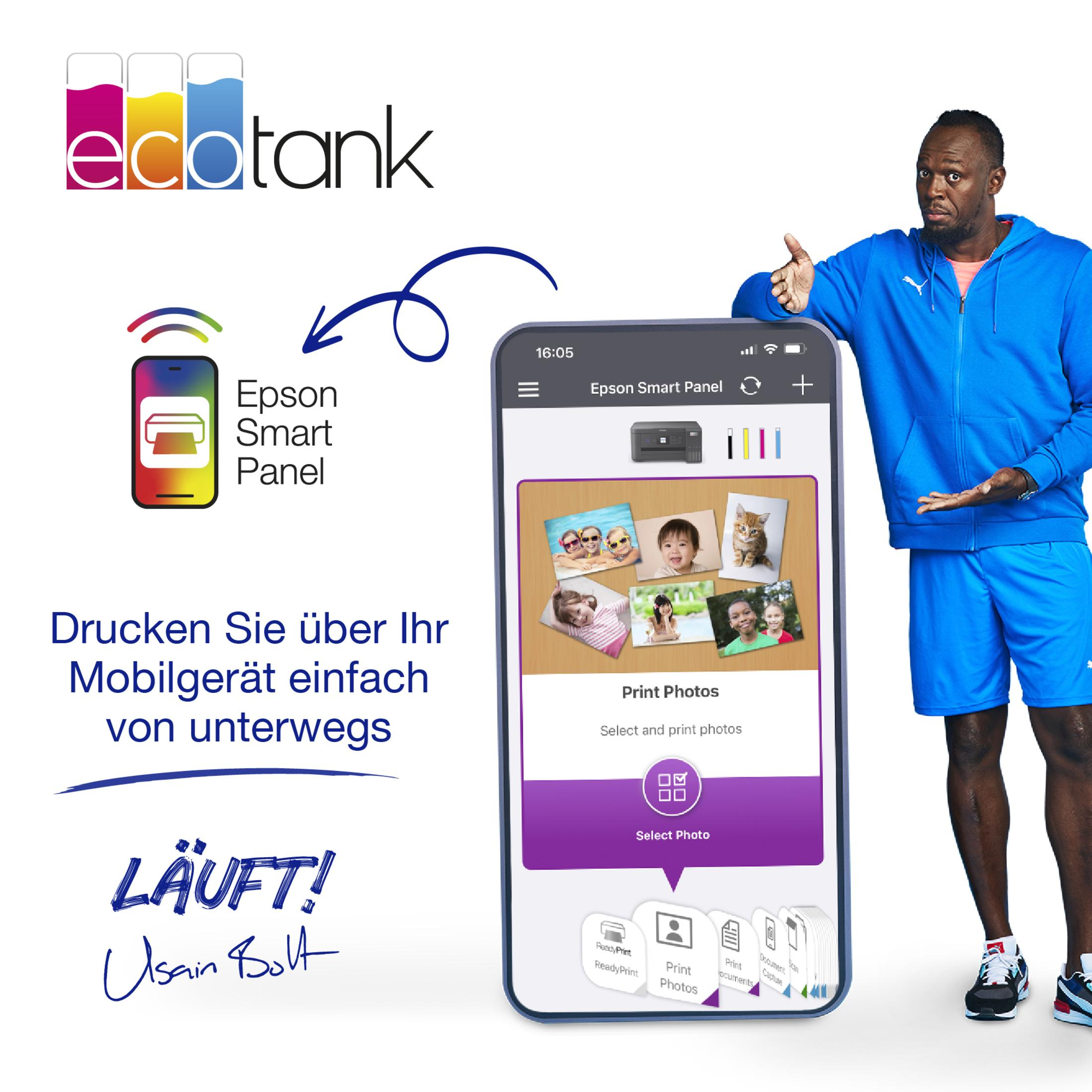 Usain Bolt z telefonem pokazującym aplikację. Aplikacja wyświetla zdjęcia i tekst w języku niemieckim.