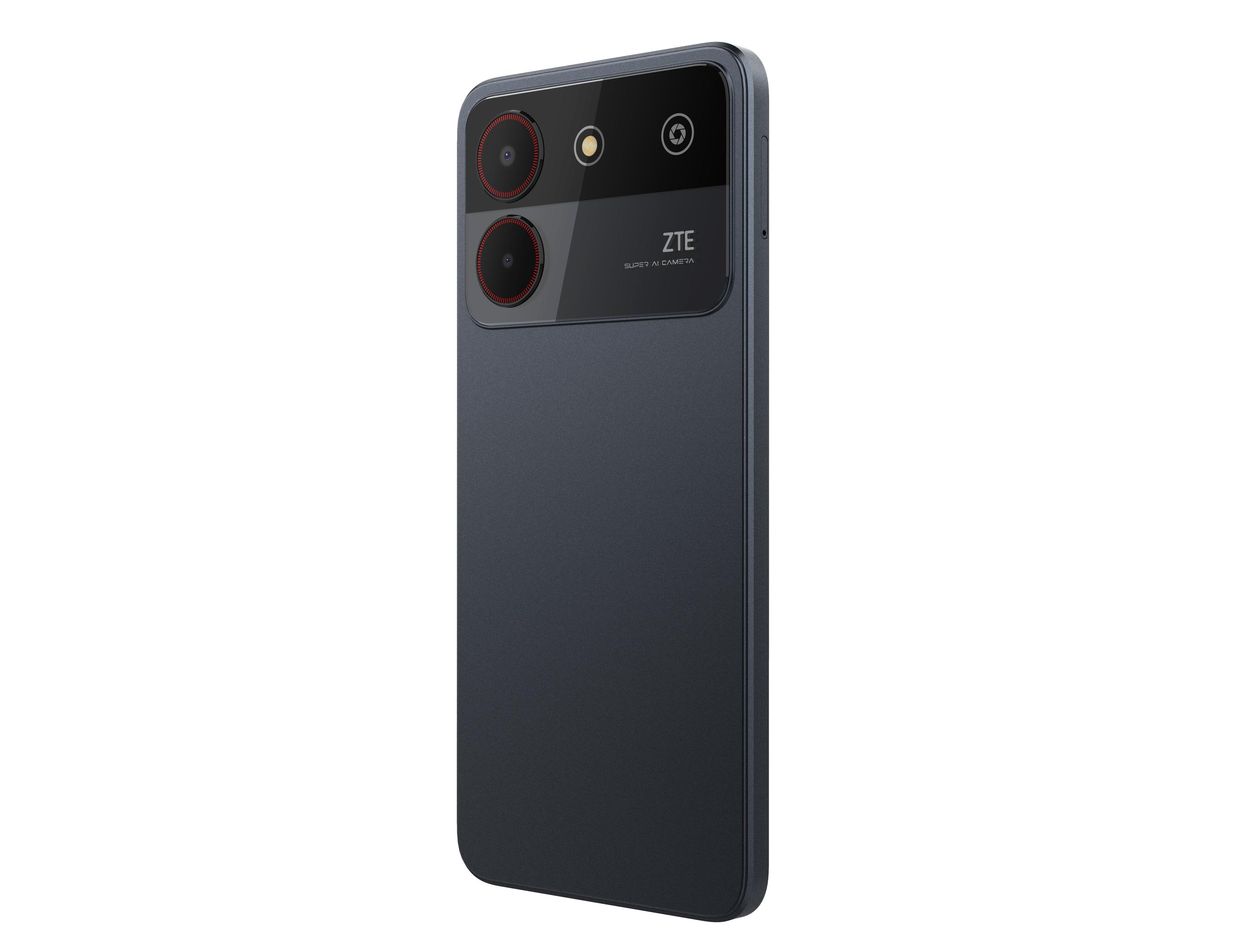 Ein dunkelblaues ZTE-Smartphone mit Kameradesign. Das Telefon ist aus einem Winkel zu sehen.