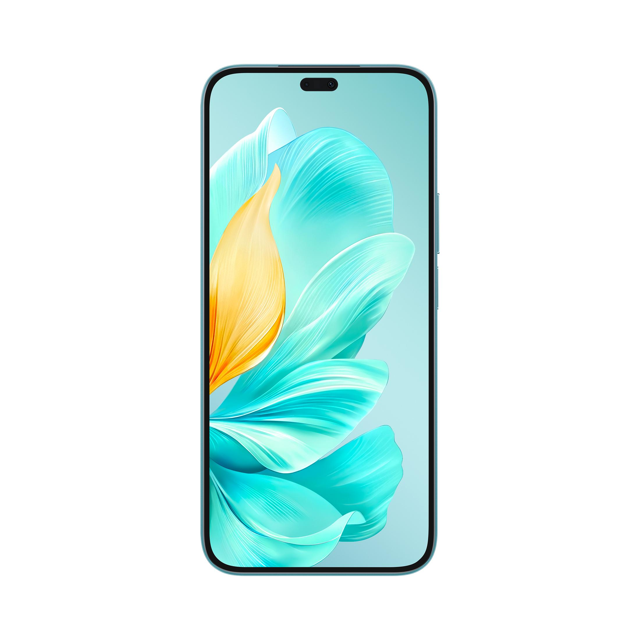 Ein türkisfarbenes Smartphone mit einem Bildschirm, der ein blaues und gelbes Blumendesign zeigt, weißer Hintergrund.