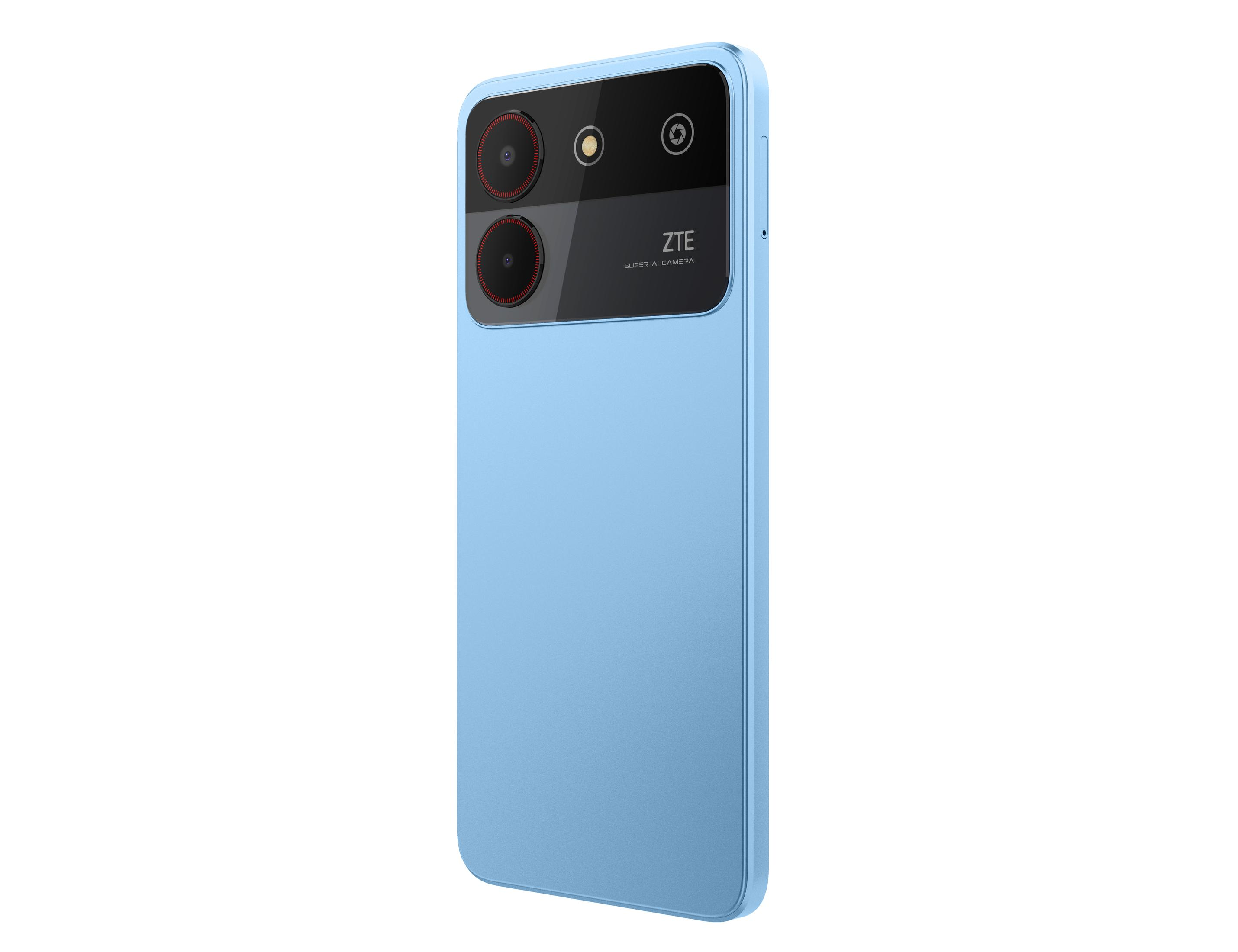 Hellblaues Telefon mit Kameras, schwarzem Kamerabereich und Text 'ZTE SUPER AI CAMERA'.