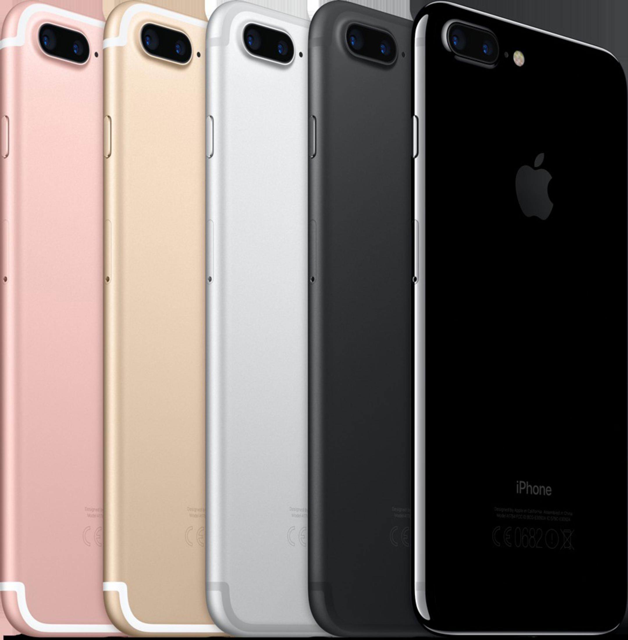 Vijf smartphones in roze, goud, wit, zwart en zwart, achteraanzicht.