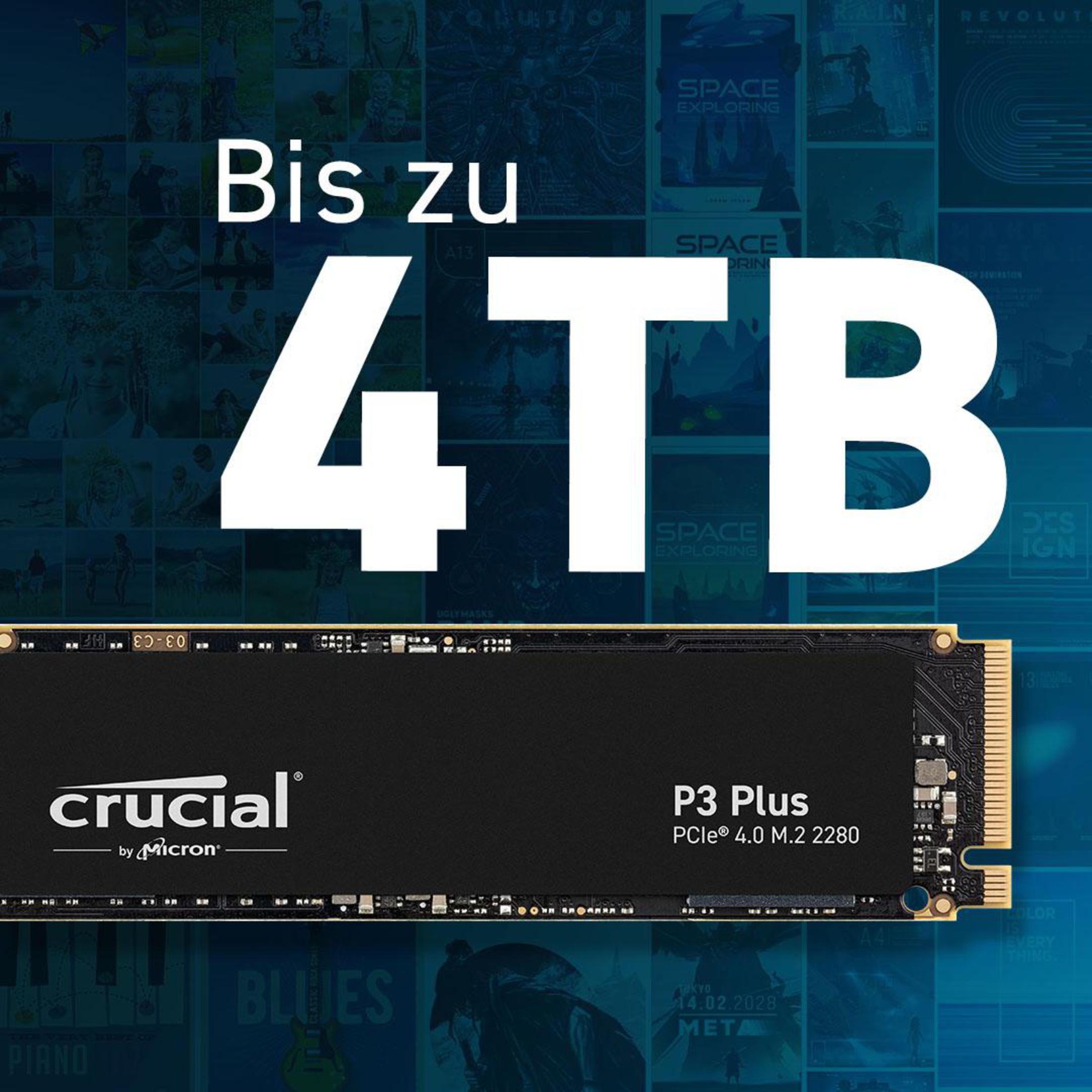 Dysk SSD na niebieskim tle z tekstem 'Bis zu 4TB'. Wiele plakatów filmowych.