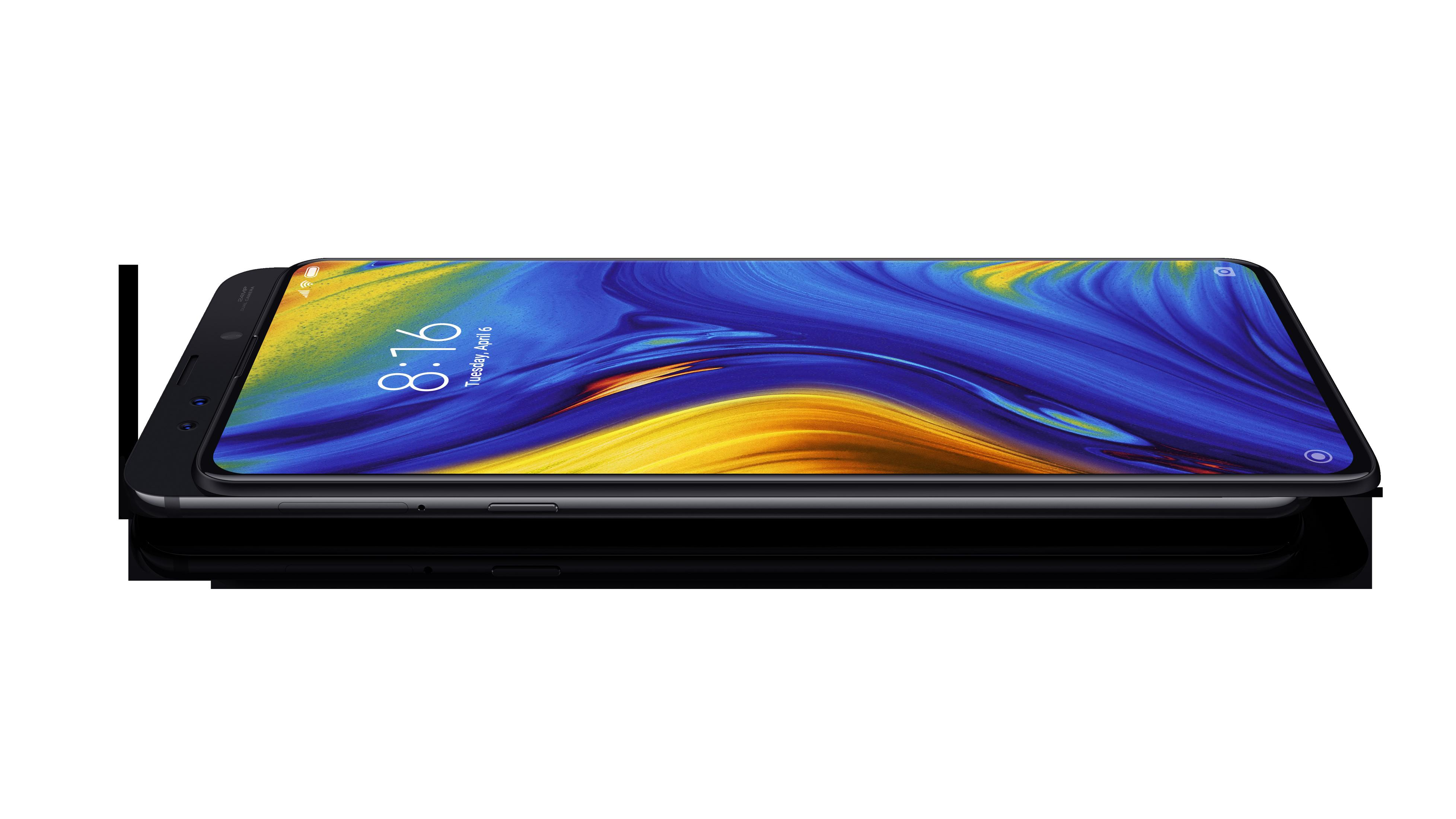Schwarzes Smartphone, Seitenansicht. Der Bildschirm zeigt ein blau-gelbes abstraktes Hintergrundbild, Zeit und Datum.