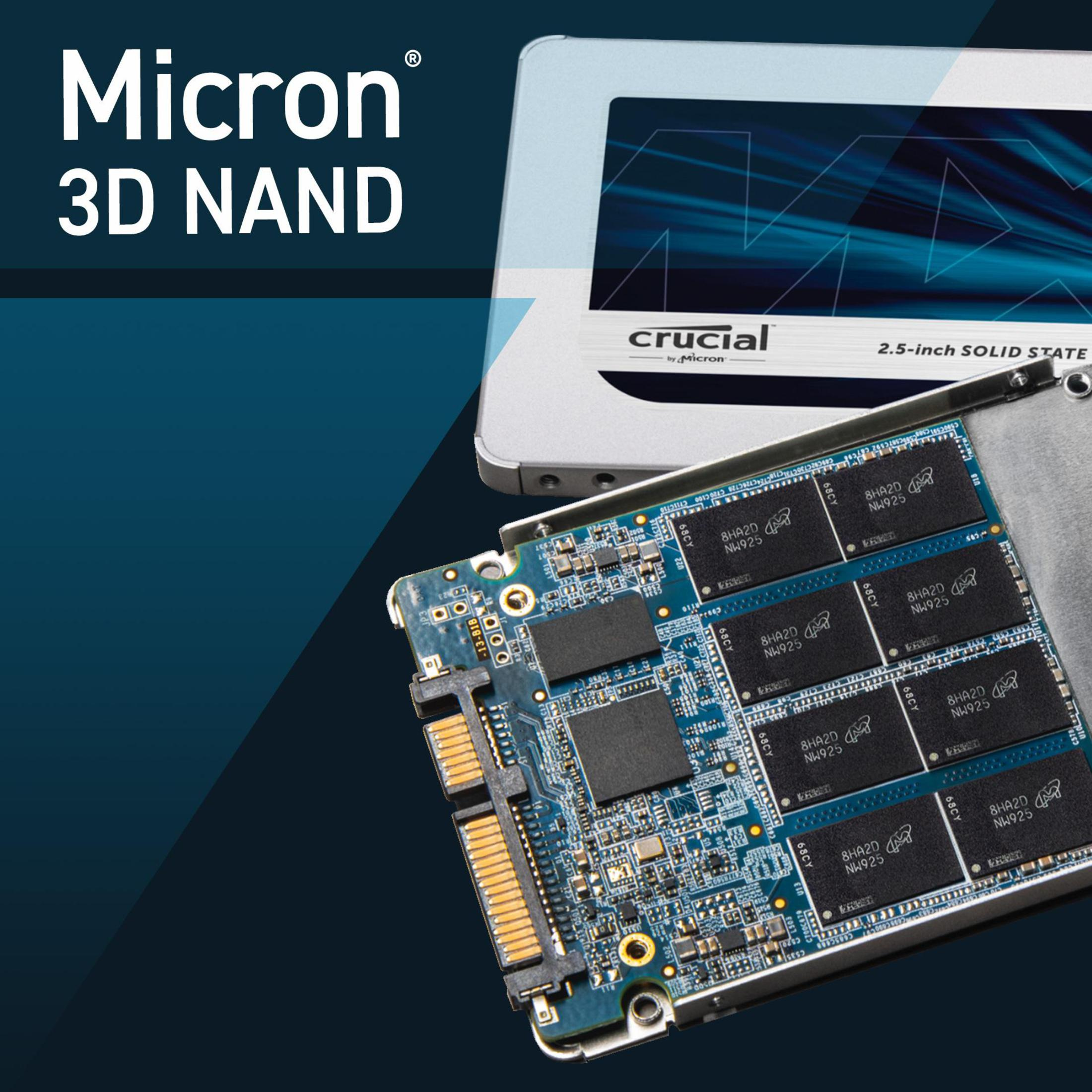 Componentes de SSD y placa de circuito. Texto Micron 3D NAND visible. Tonos grises y azules. Toma de producto técnico.