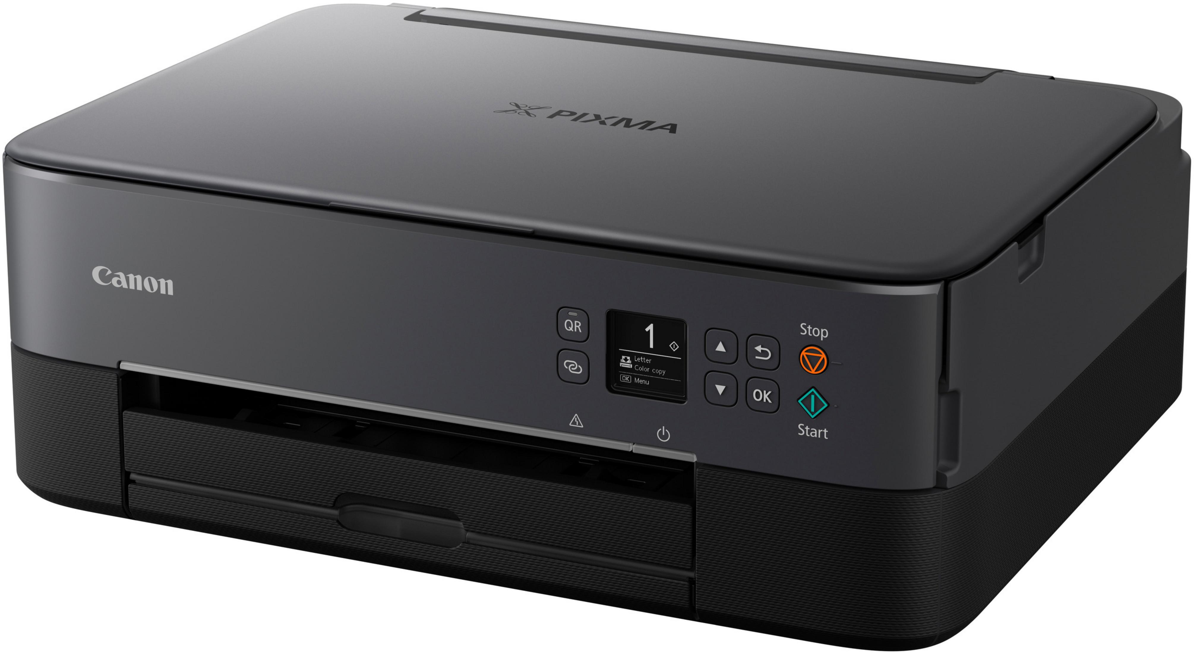 Stampante Canon nera. Lo schermo mostra il testo. Design nero e grigio.
