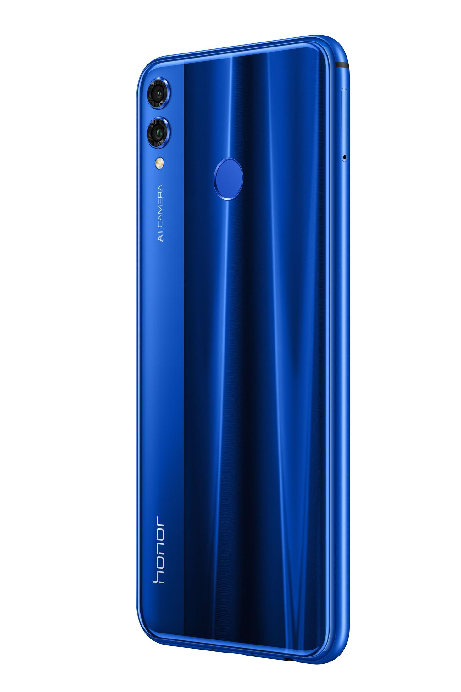 Blaues Telefon mit Dual-Kamera auf der Rückseite. Das Telefon hat ein blaues Glanzfinish. Der Hintergrund ist weiß.