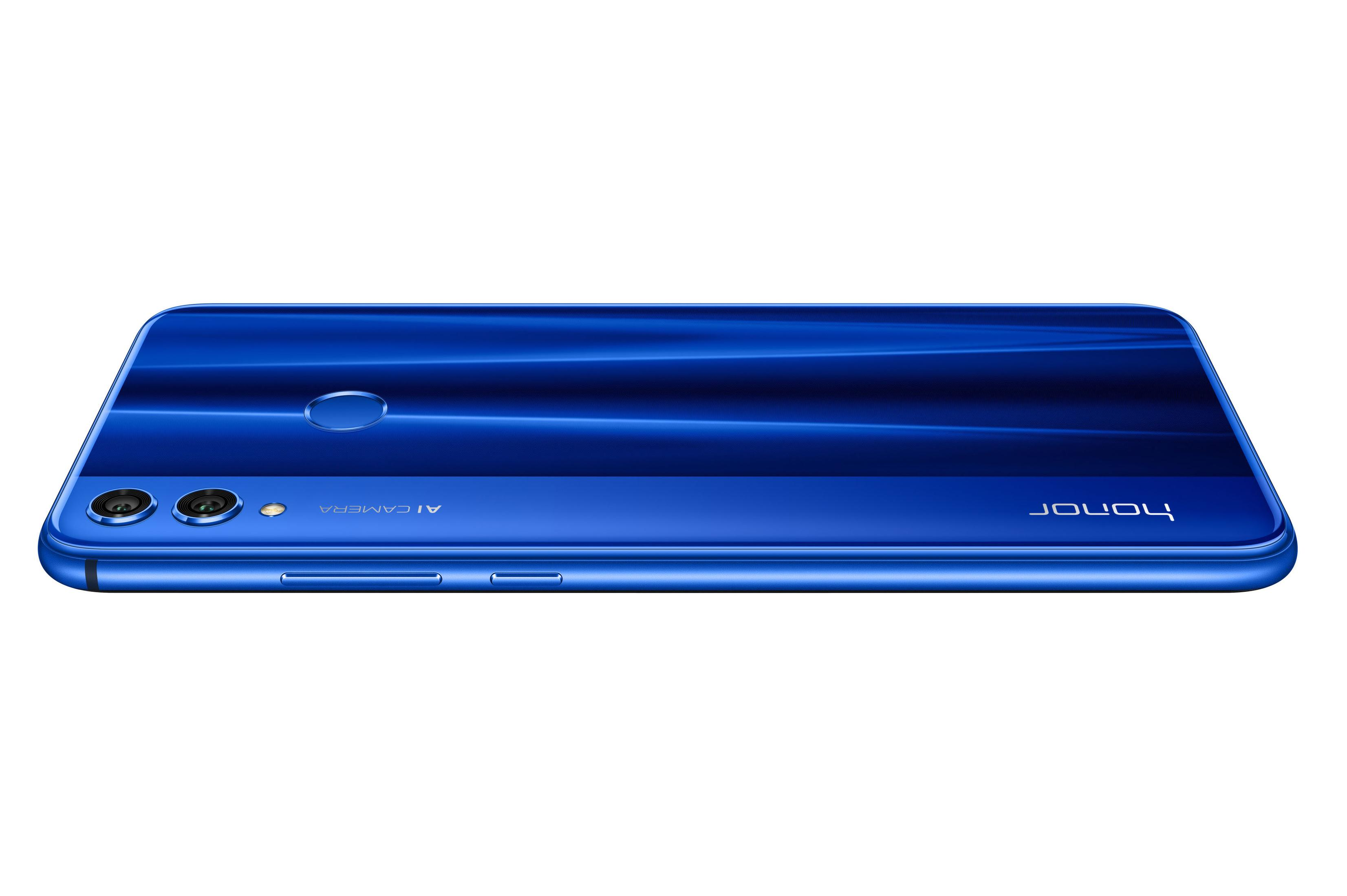 Blaues Smartphone. Nahaufnahme der Rückseite des Telefons. Zeigt Kameralinsen und das Wort 'honor'.