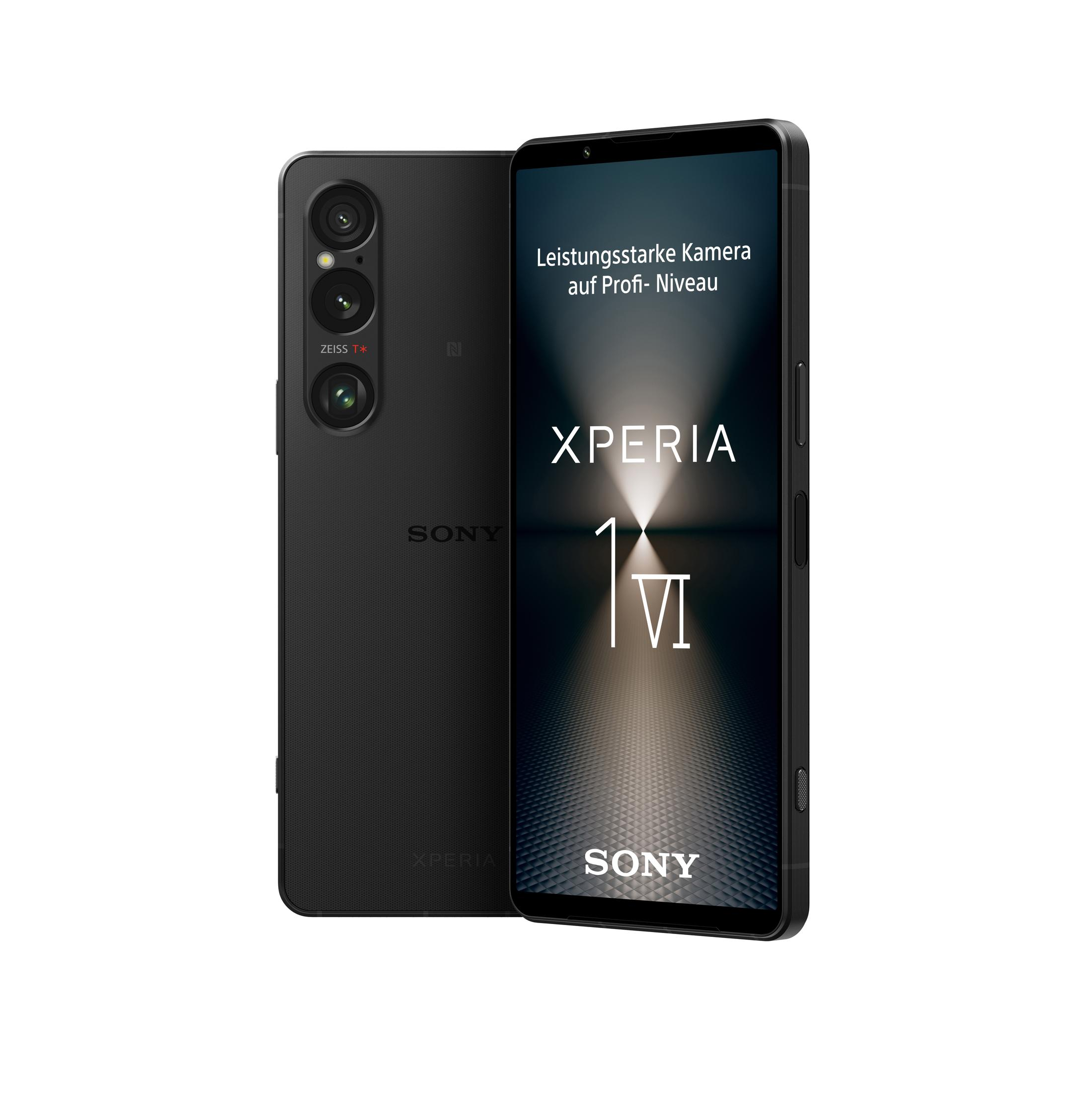 Schwarzes Sony Xperia-Telefon, das die Rückseite und die Vorderseite zeigt. Text auf Deutsch.