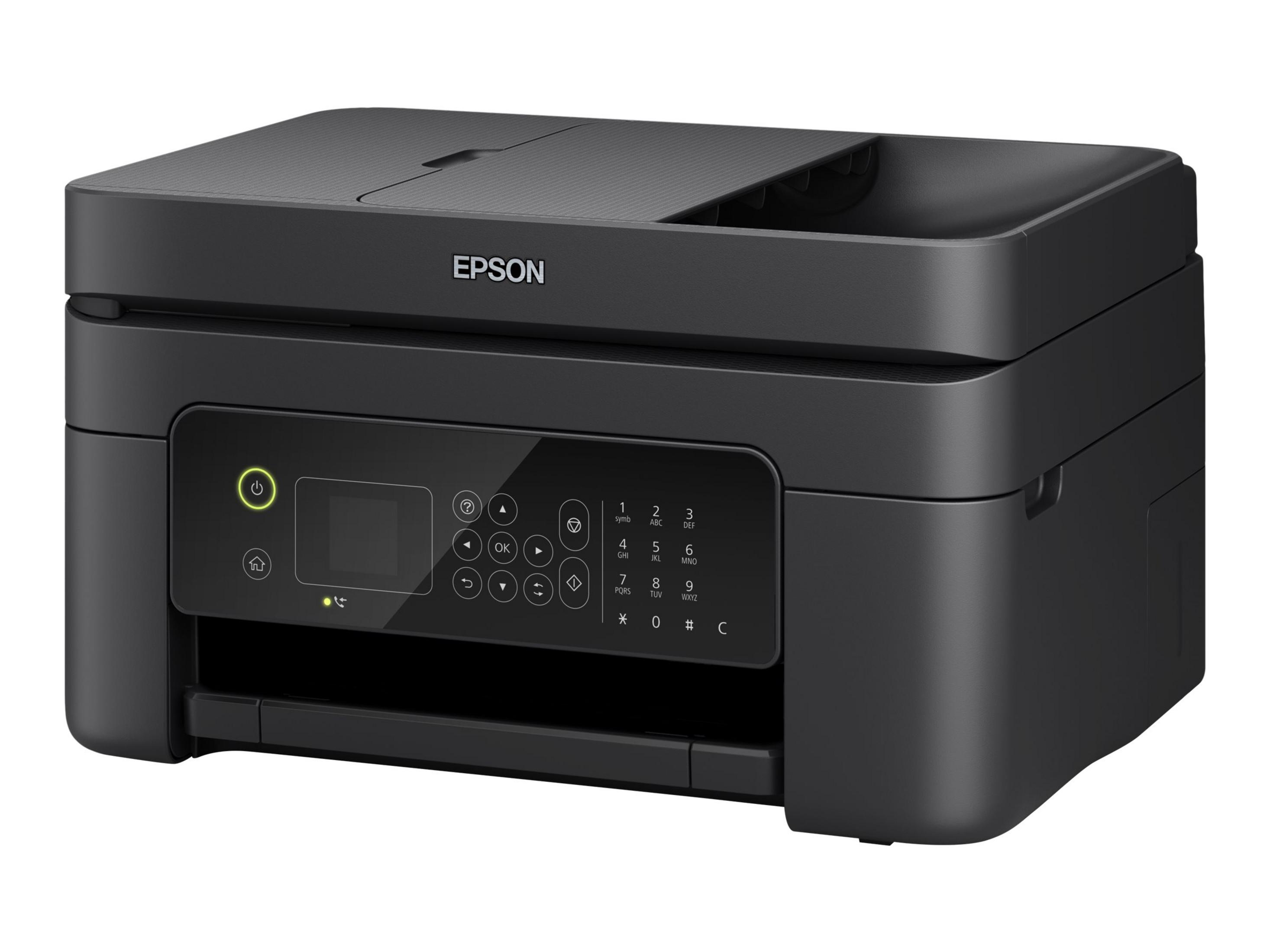 Stampante Epson nera con pannello di controllo e pulsanti. È su una superficie bianca.