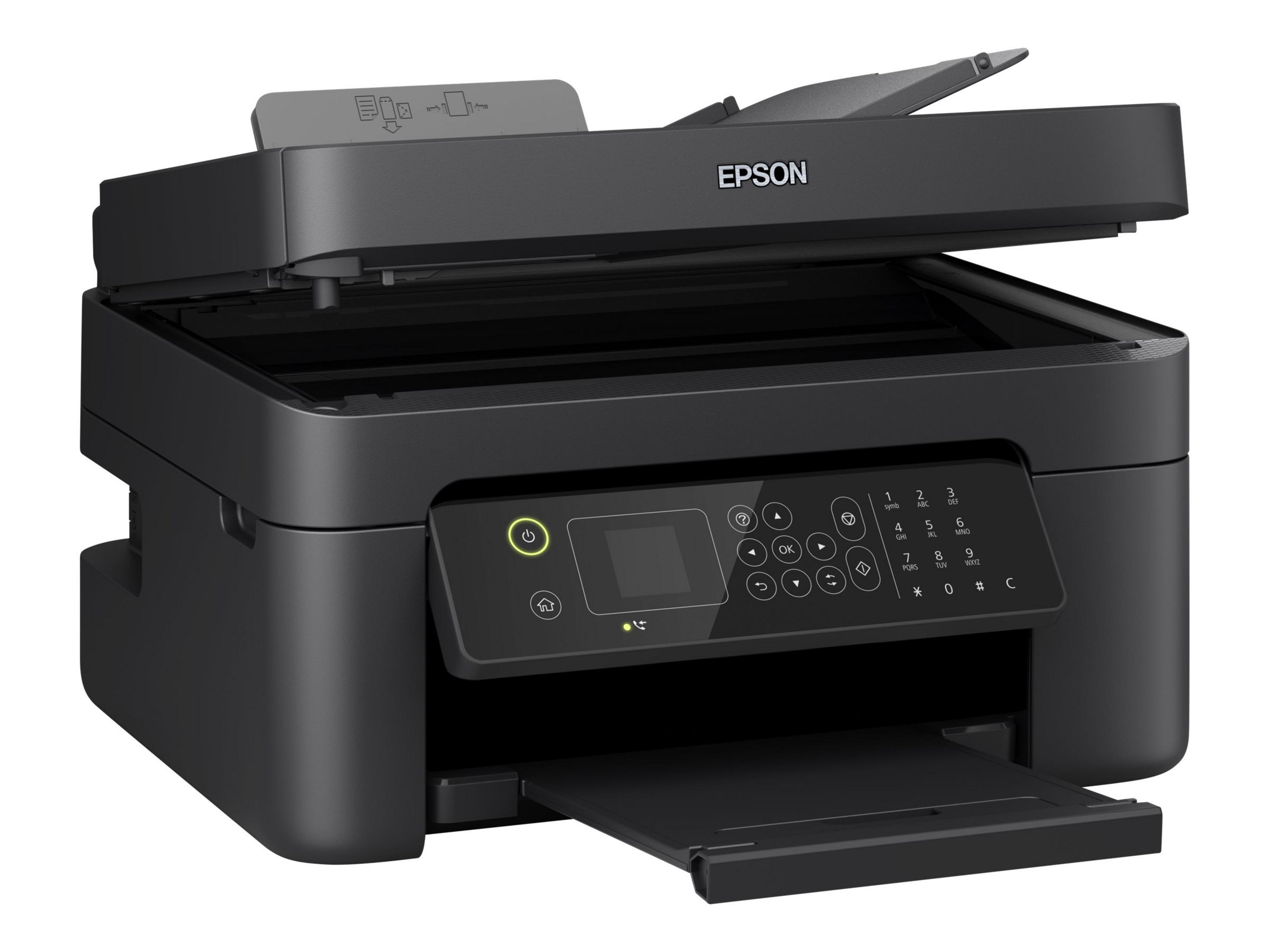Stampante Epson nera con coperchio dello scanner aperto e vassoio carta estratto.