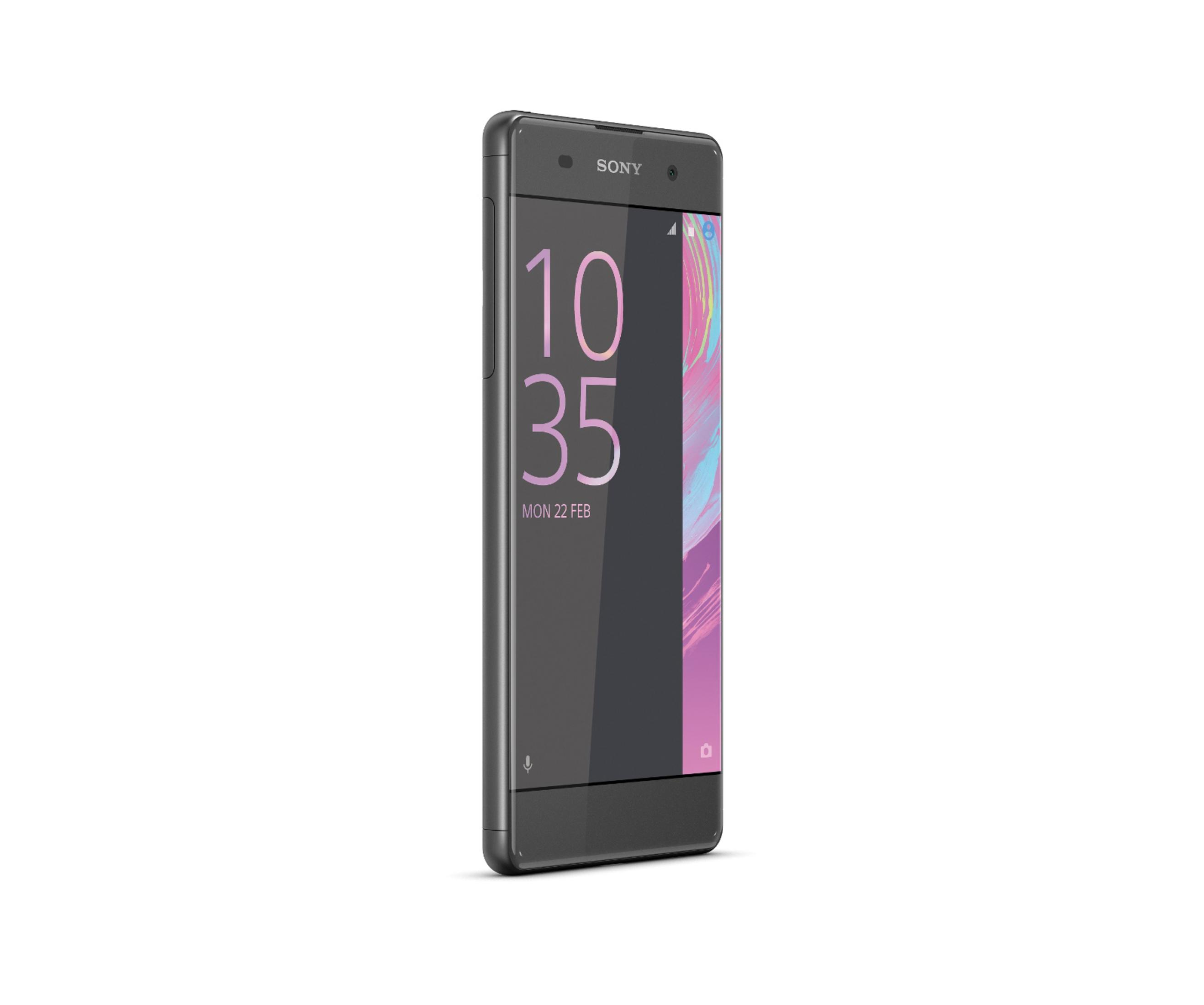 Ein graues Sony-Telefon mit einer Anzeige von Uhrzeit und Datum. Das Telefon befindet sich in vertikaler Position.