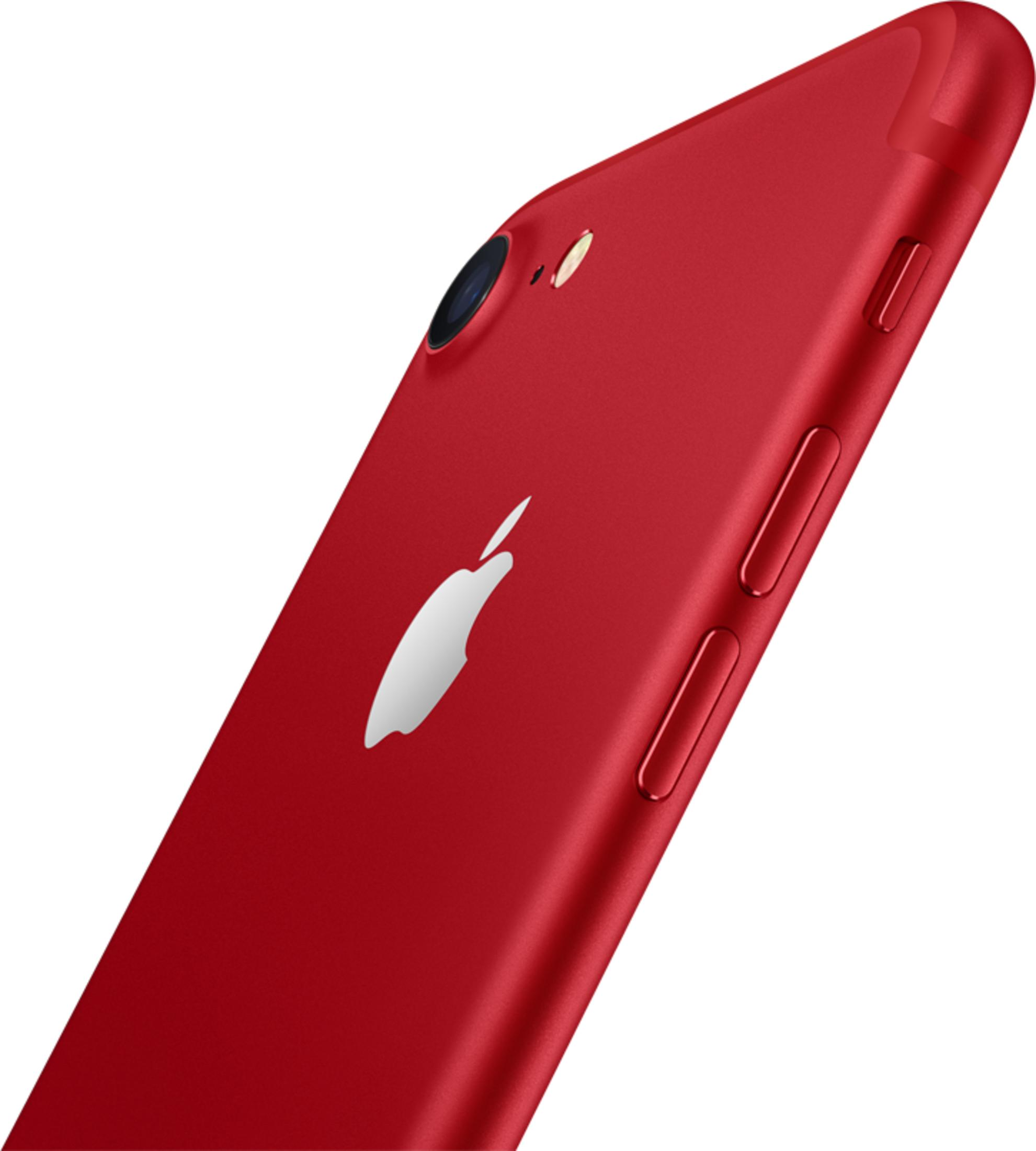 Rotes iPhone 7, angewinkelt, zeigt die Rückseite mit Apple-Logo und Kameralinse.