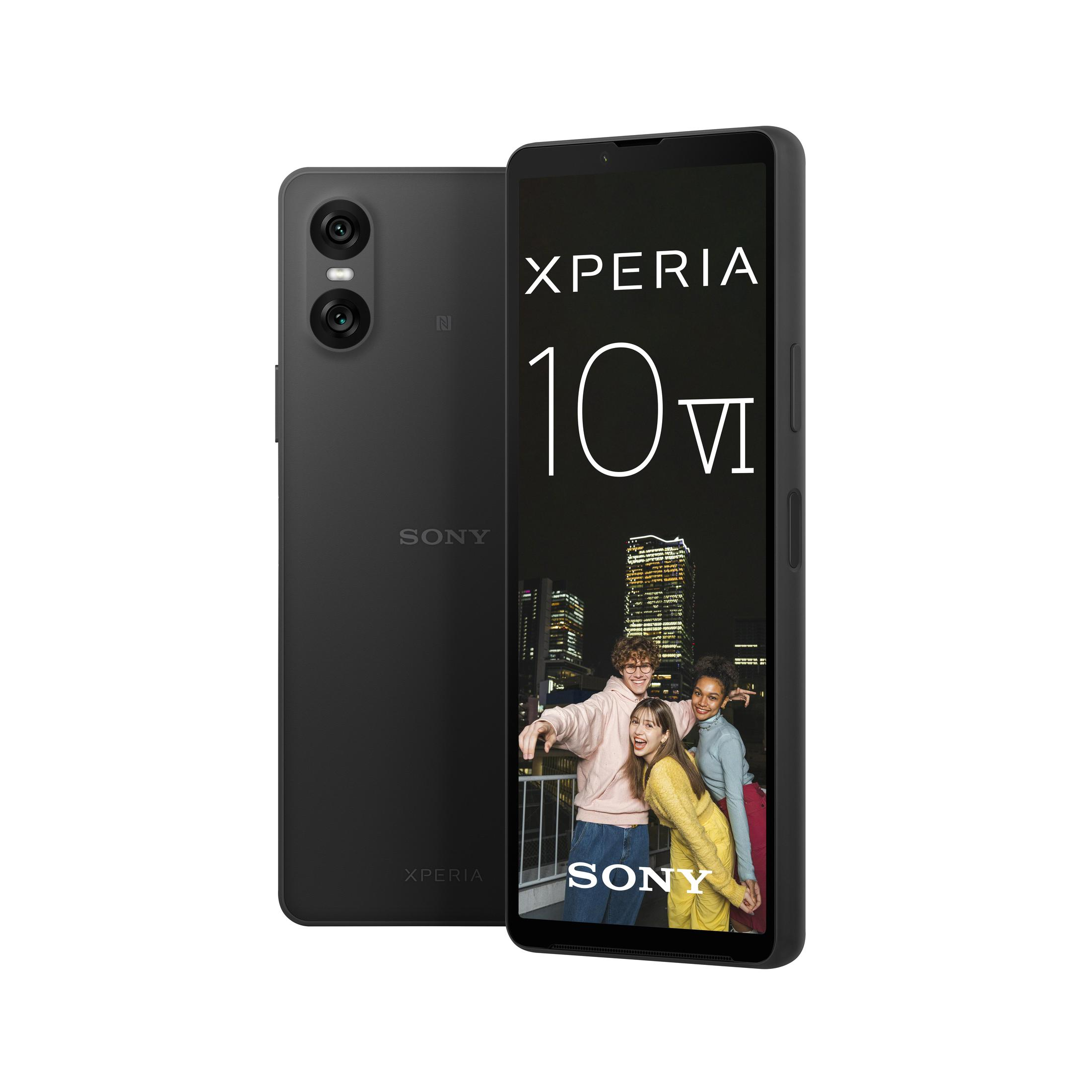 Zwei schwarze Sony Xperia-Telefone. Eines zeigt eine Personengruppe, das andere die Rückseite.