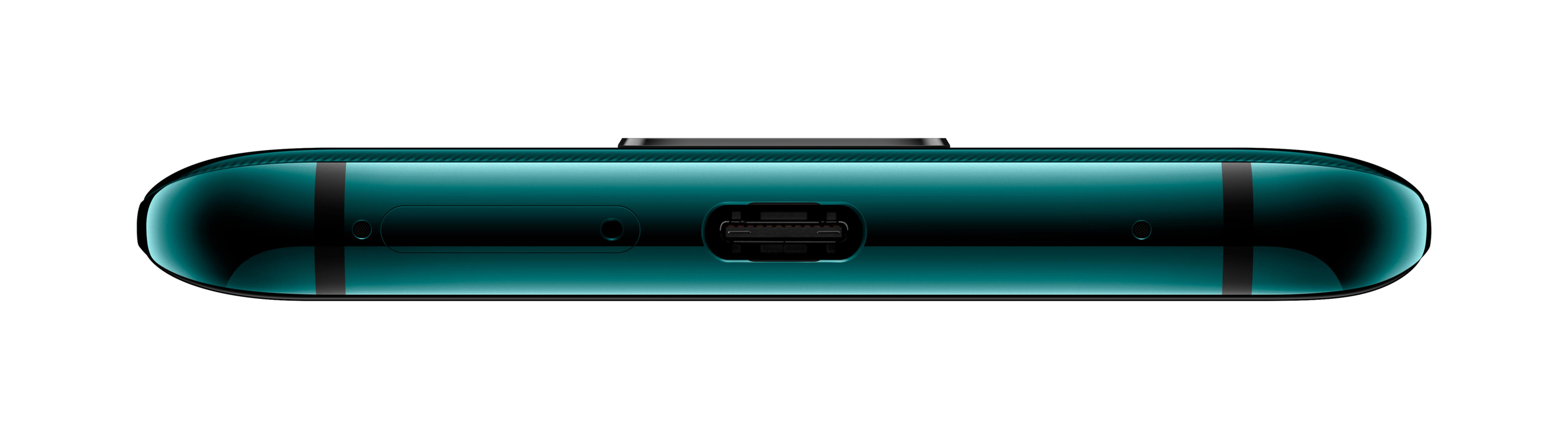 Widok od dołu turkusowego smartfona z portem ładowania.