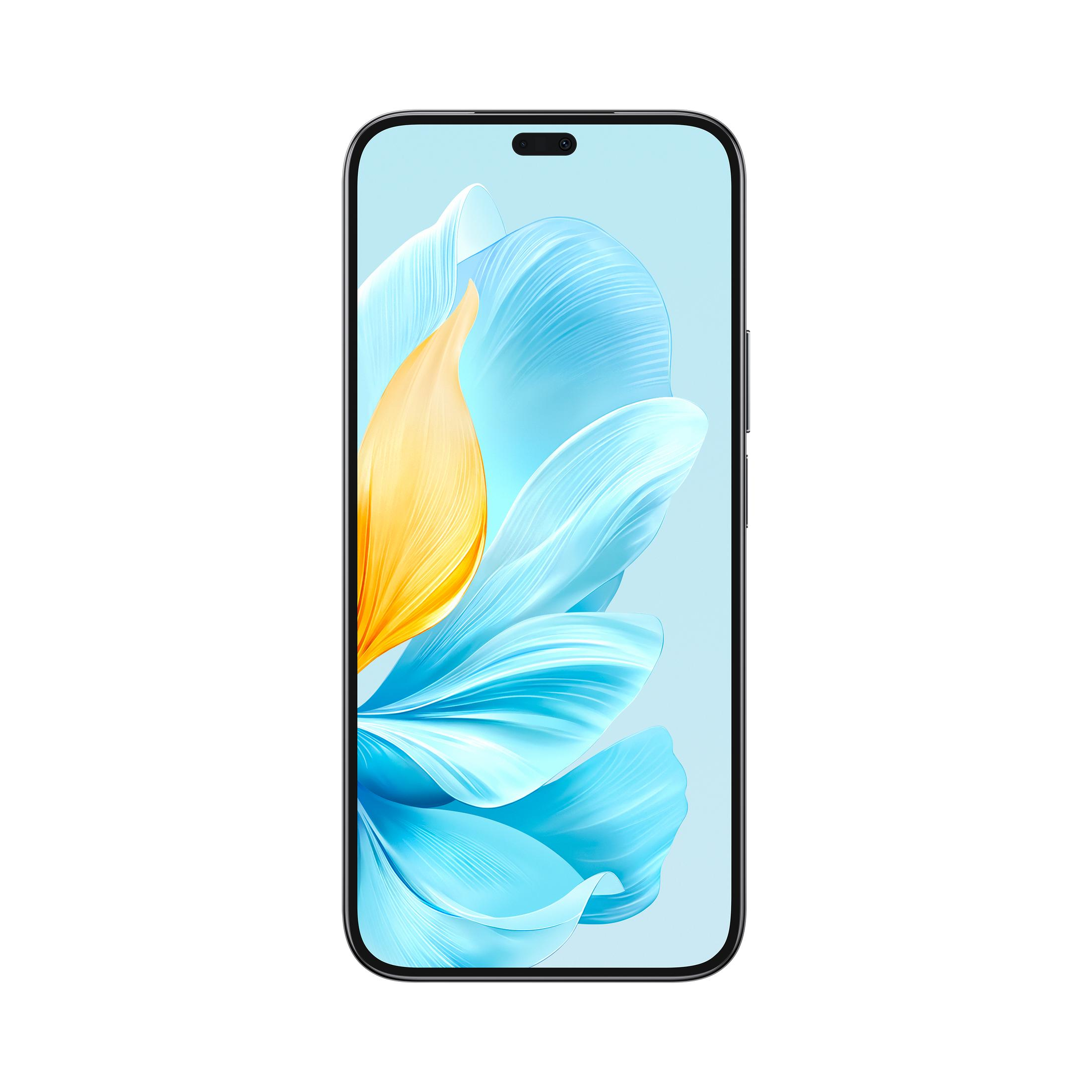 Smartphone mit Darstellung einer blauen Blume. Der Bildschirm ist von einem schwarzen Rahmen umgeben.