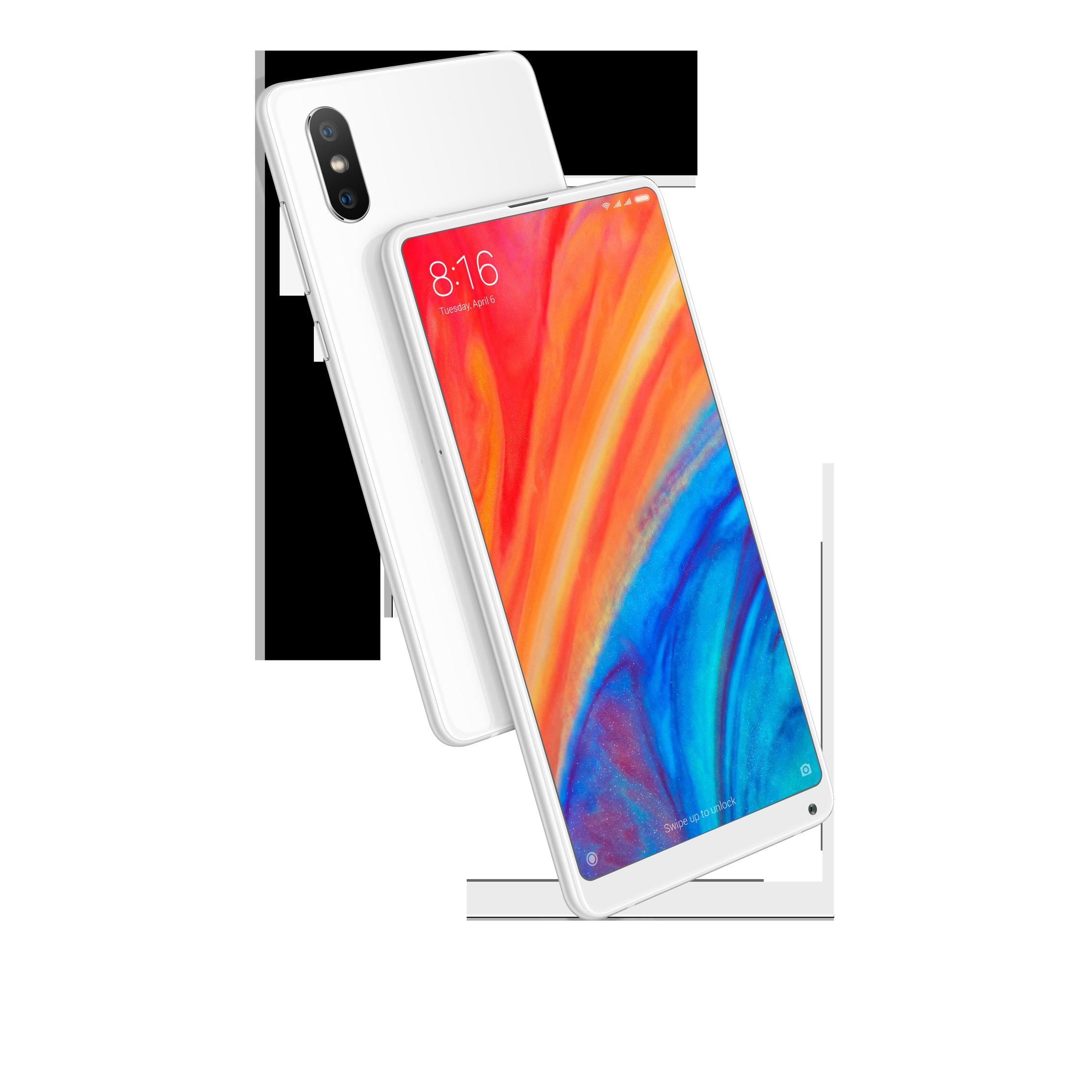 Weißes Mi-Telefon, zeigt Bildschirm mit farbenfroher Grafik und Kamera.