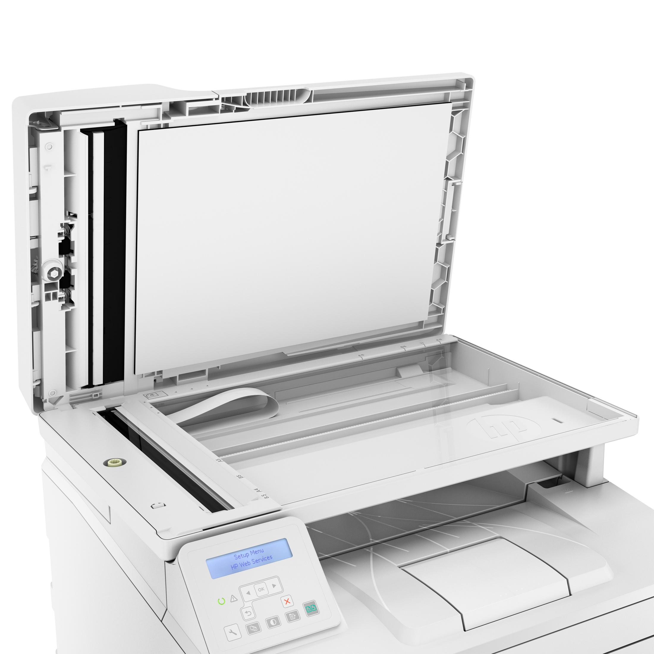 Weißer HP-Drucker, geöffnet. Zeigt interne Teile, einschließlich des Scanners.