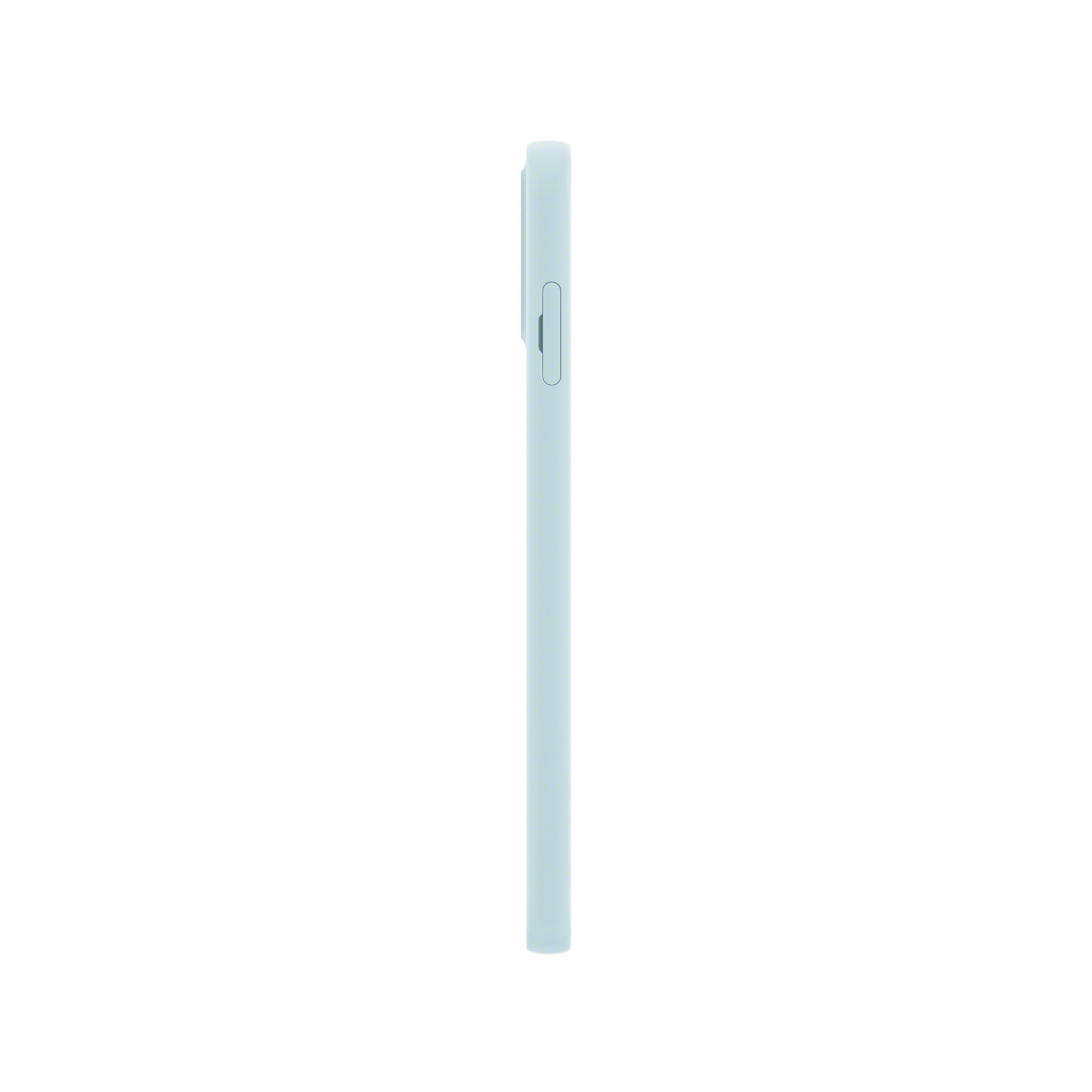 Un telefono azzurro visto di lato.