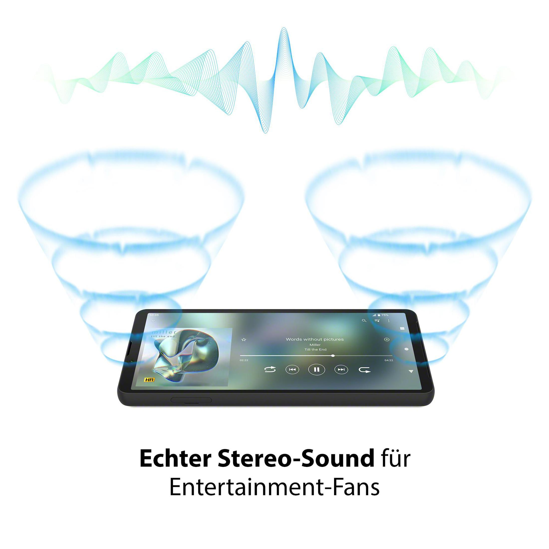 Smartphone che riproduce musica, effetto sonoro stereo, su sfondo bianco.
