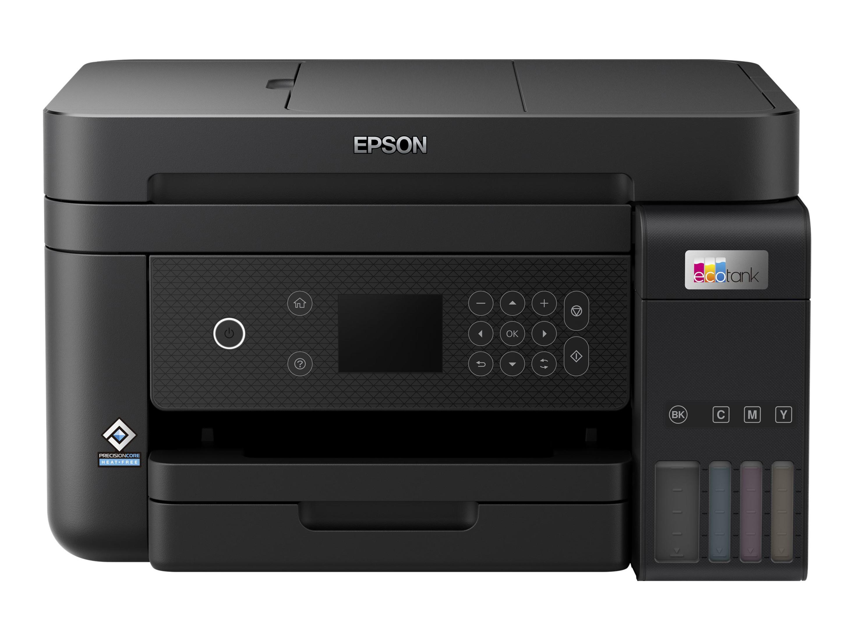 Czarna drukarka Epson. Panel przedni z przyciskami i wyświetlaczem. Widoczne zbiorniki z tuszem.