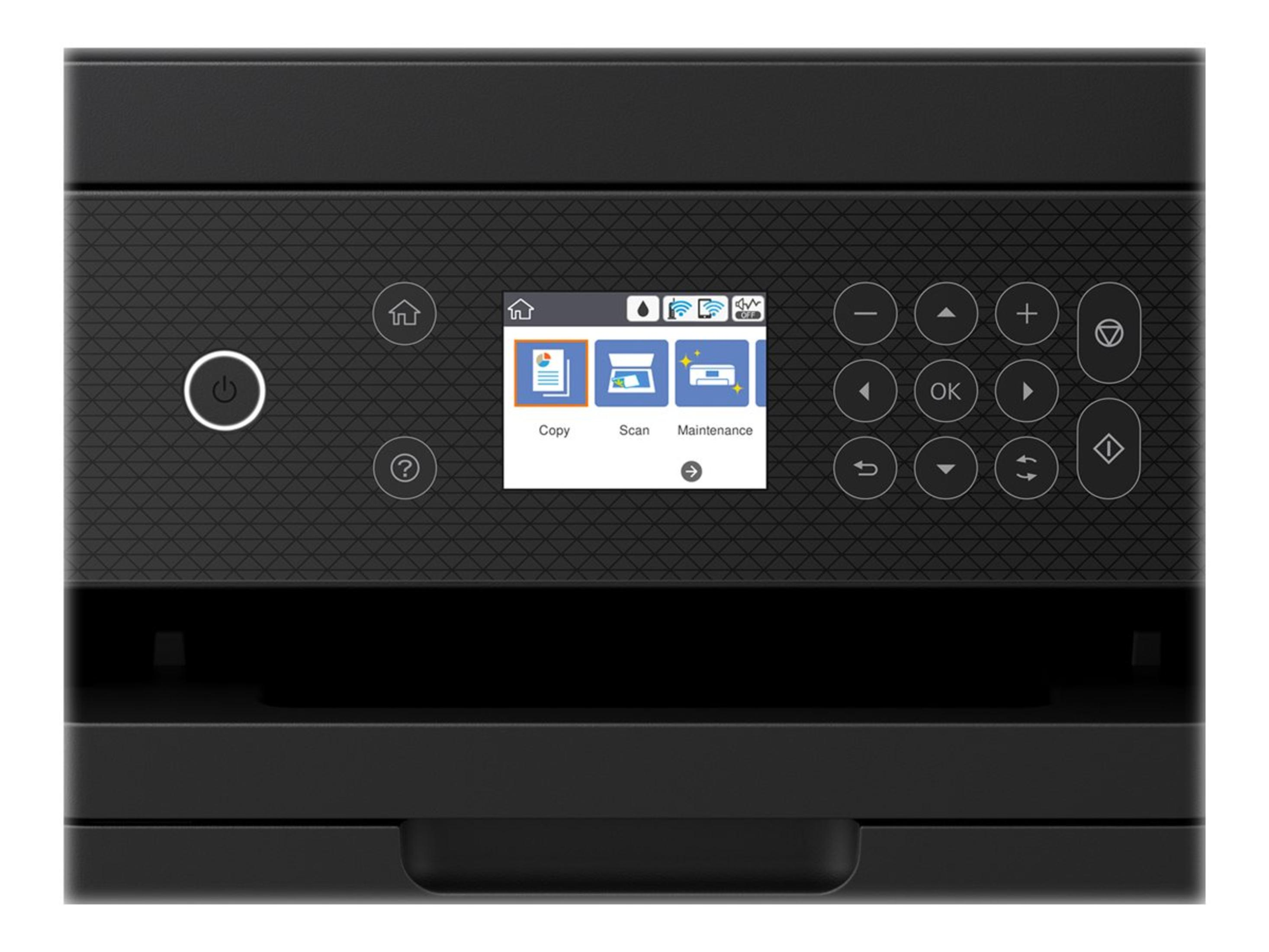 Czarna drukarka z ekranem dotykowym. Przyciski: zasilanie, kopiuj, skanuj i konserwacja.