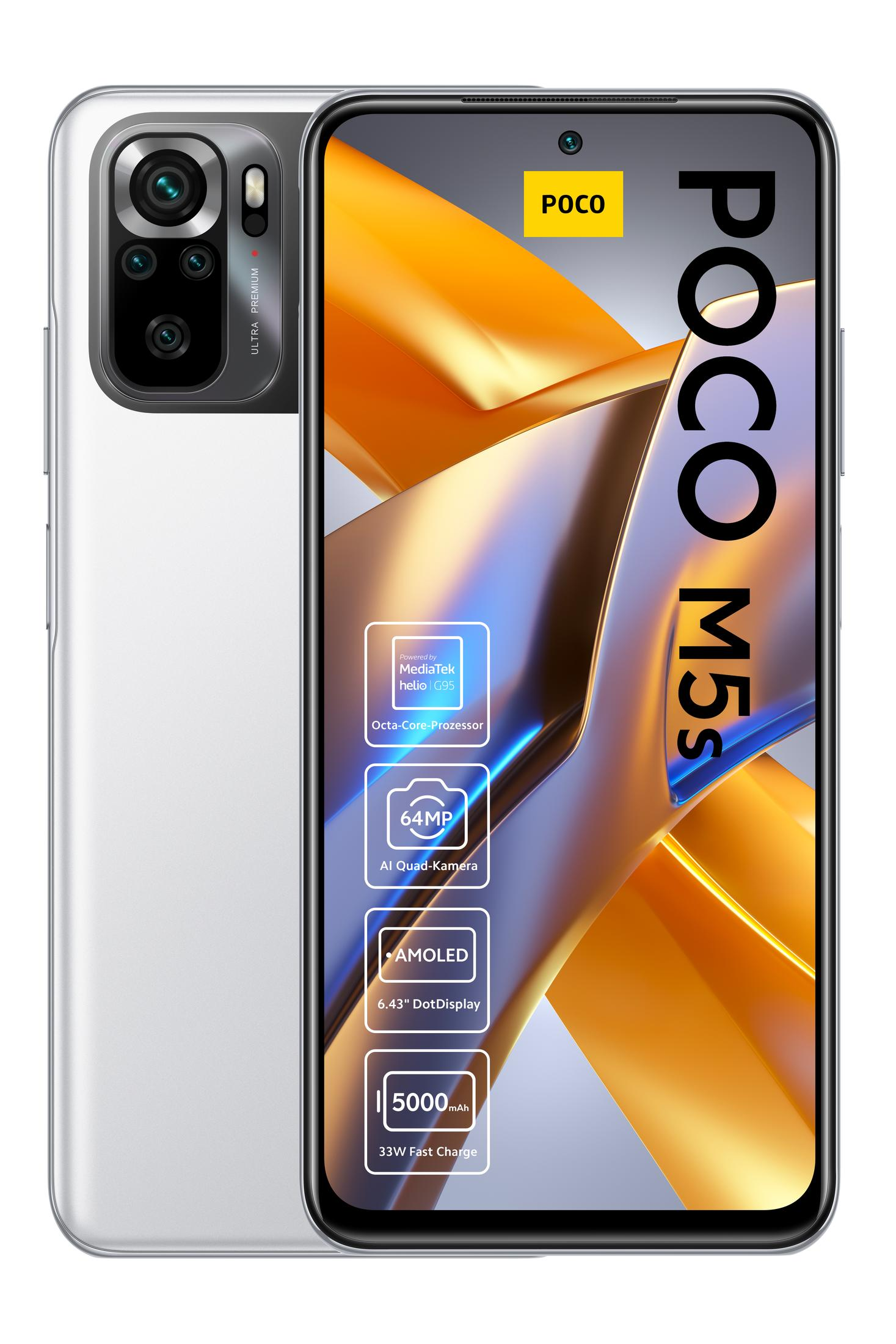 Srebrny telefon Poco M5s z wieloma aparatami z tyłu i wyświetlaczem z przodu.