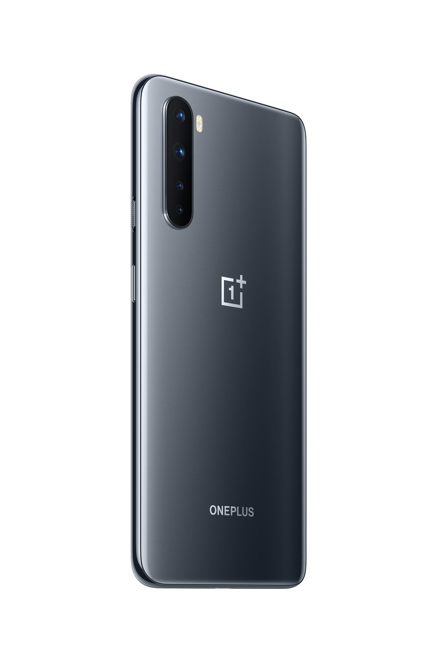 OnePlus-Handy, dunkelgrau, schräge Ansicht. Rückseite des Telefons sichtbar. Mehrere Kameras, Logo und Markenname.
