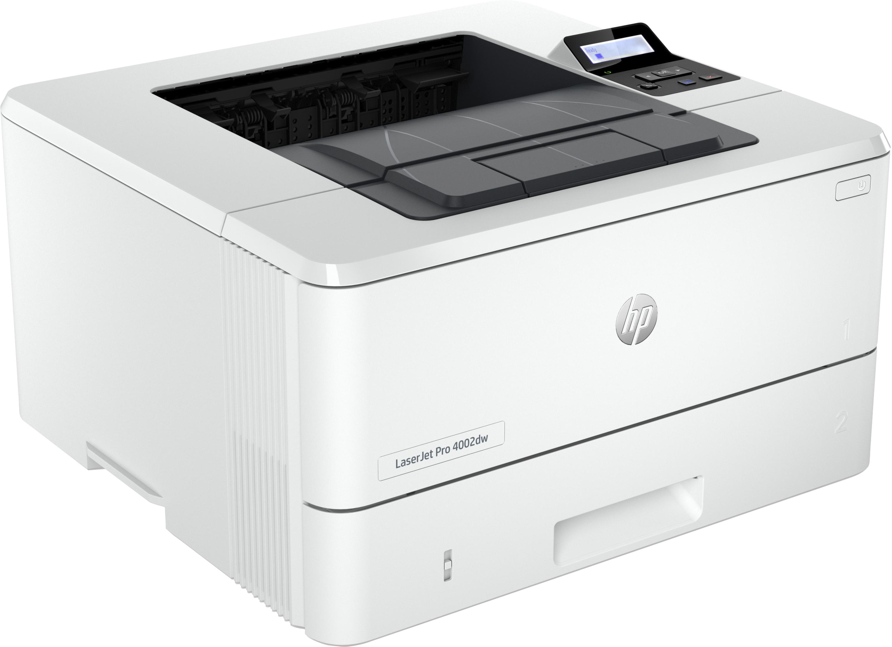 Biała drukarka HP Laserjet Pro 4002dw z otwartą pokrywą.