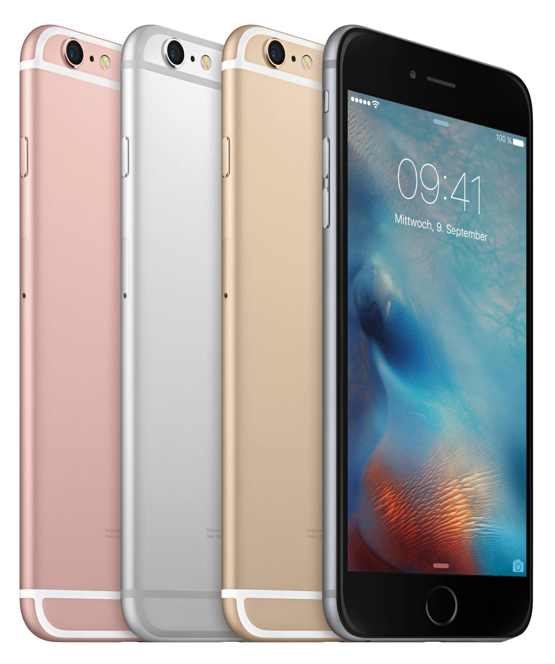 Vier Smartphones in verschiedenen Farben (Rose, Silber, Gold, Schwarz) nebeneinander angeordnet.