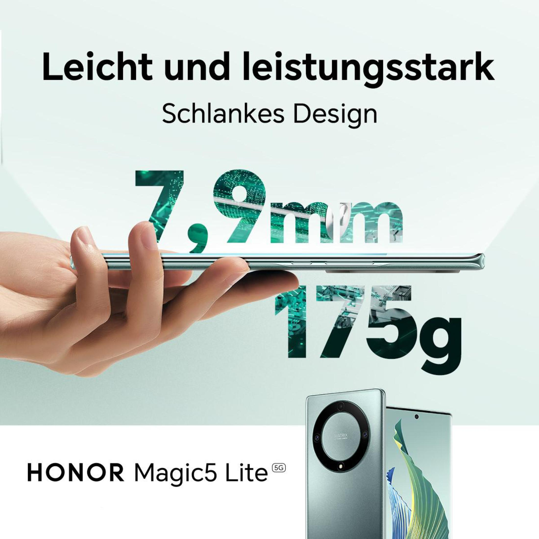 Dłoń trzymająca zielony telefon. Tekst: 7,9 mm, 175 g, HONOR Magic5 Lite. Zielone gradientowe tło.