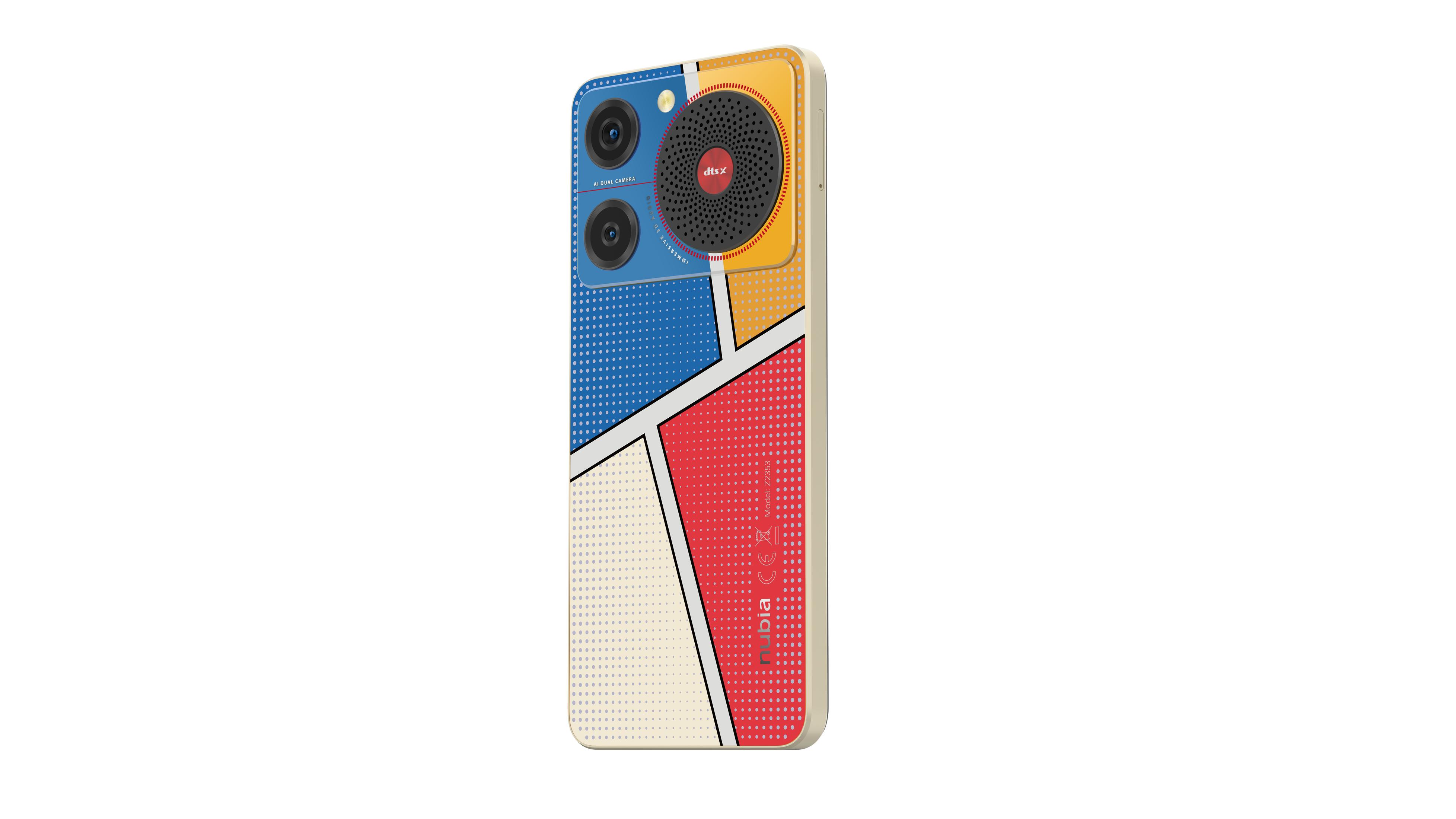 Smartphone con design a pannello posteriore pop art colorato. Tre fotocamere, bordo bianco, sfondo bianco.