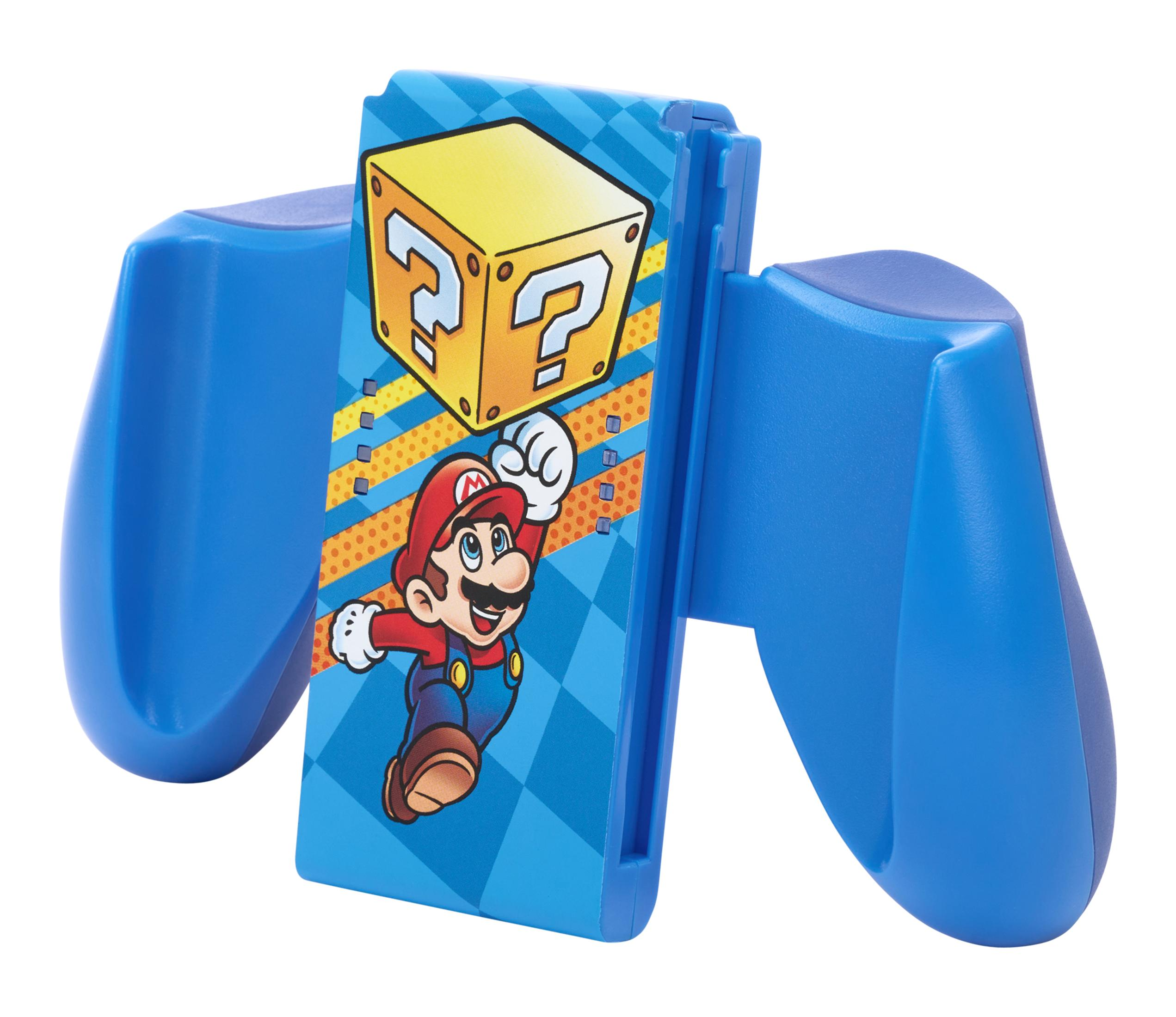 Uchwyt Nintendo Switch Joy-Con z grafiką Mario. Niebieski uchwyt, obraz Mario i skrzynka ze znakiem zapytania.