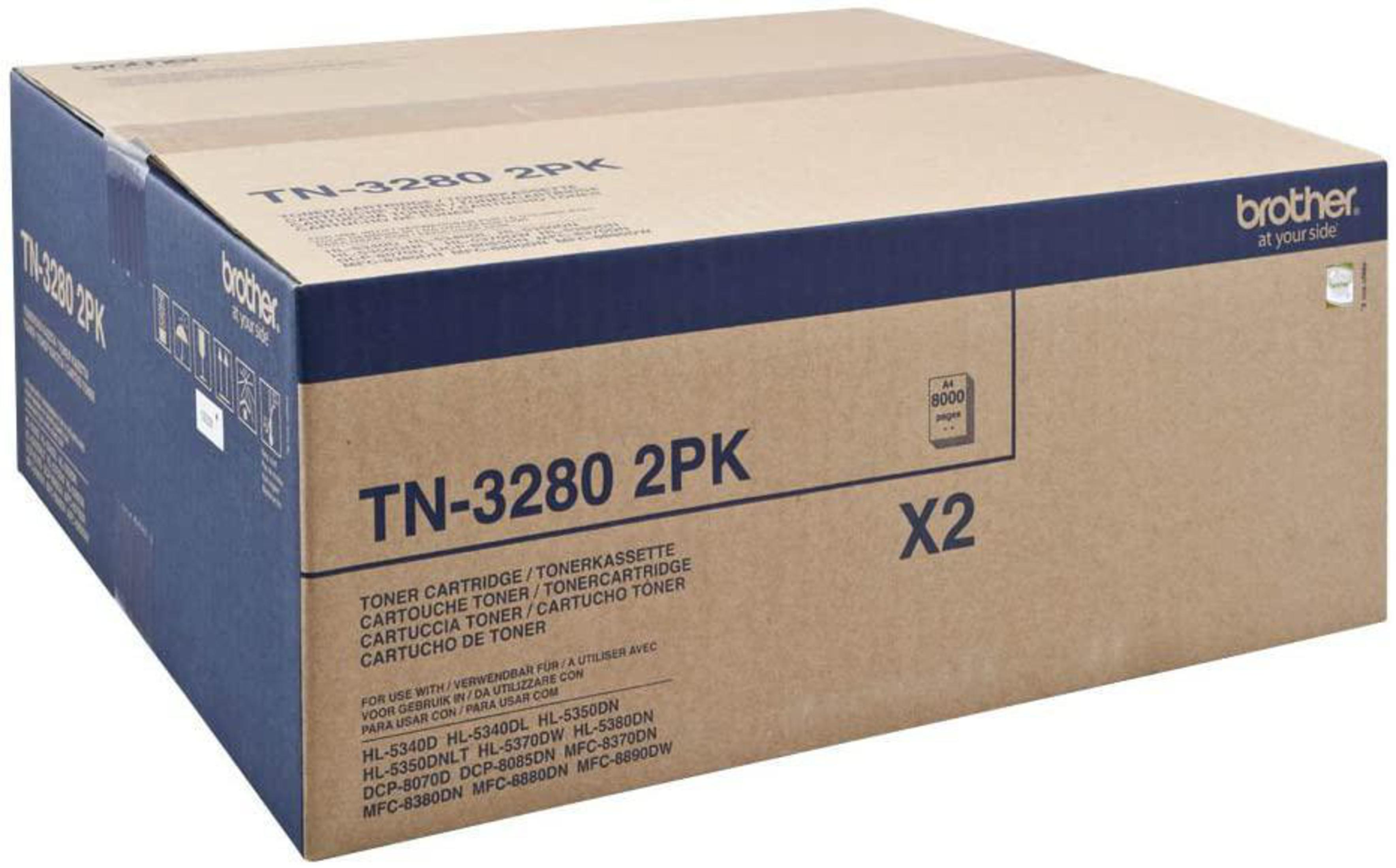 A box of Brother TN-3280 2PK toner cartridges. The box is brown and has the Brother logo.